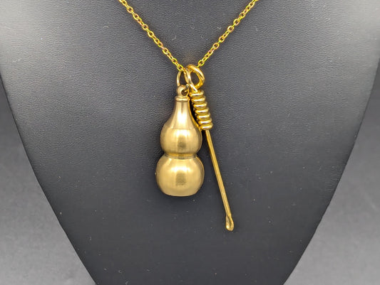 Gold Wire Wrapped Spoon Pendant w/ Matching 22" Chain & XL Large Screw Top Magic Powder Brass Jar