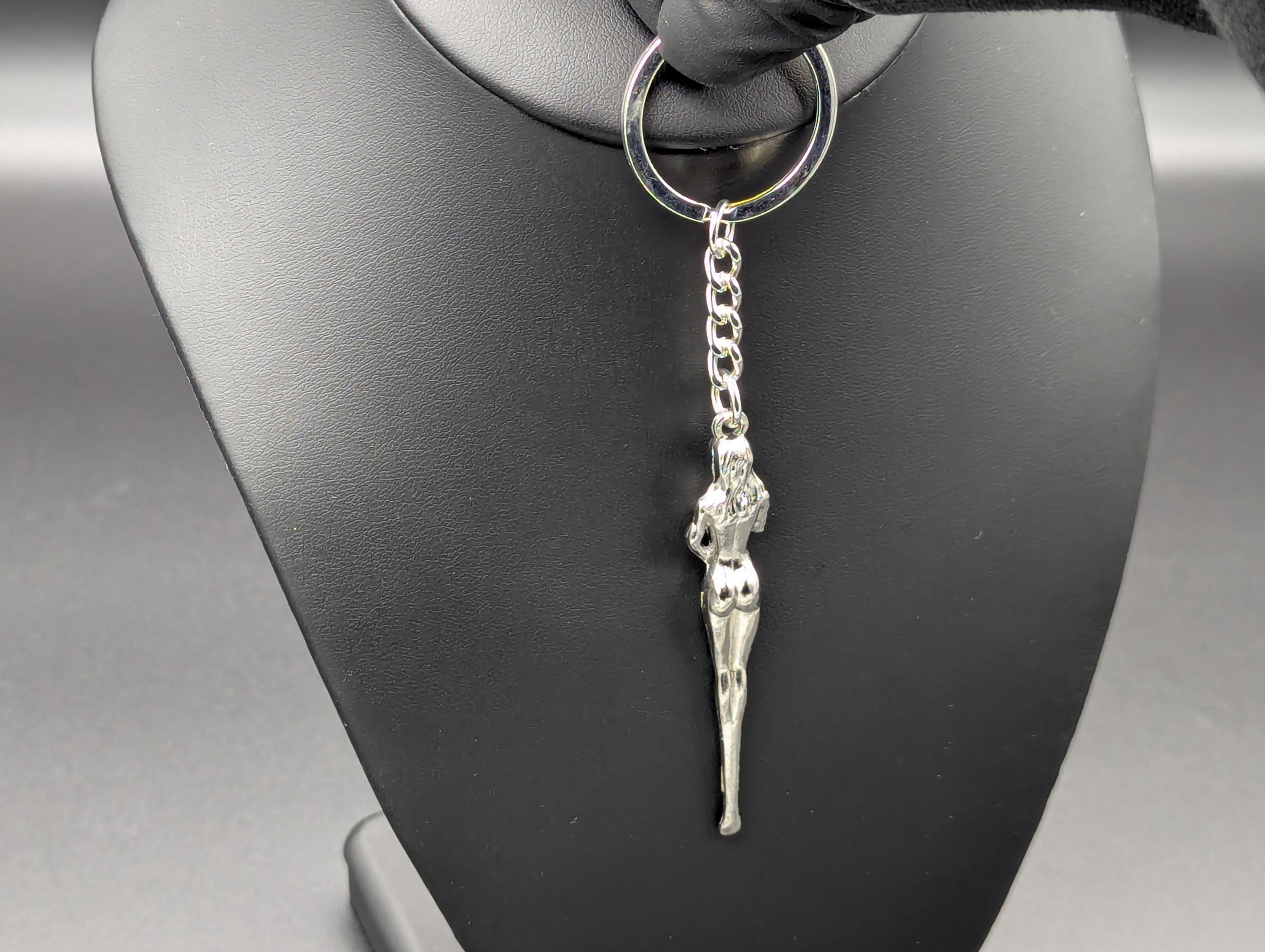 Chrome Silver Finished Alloy Retro Burlesque Risque Nudie Girl Spoon Keyring