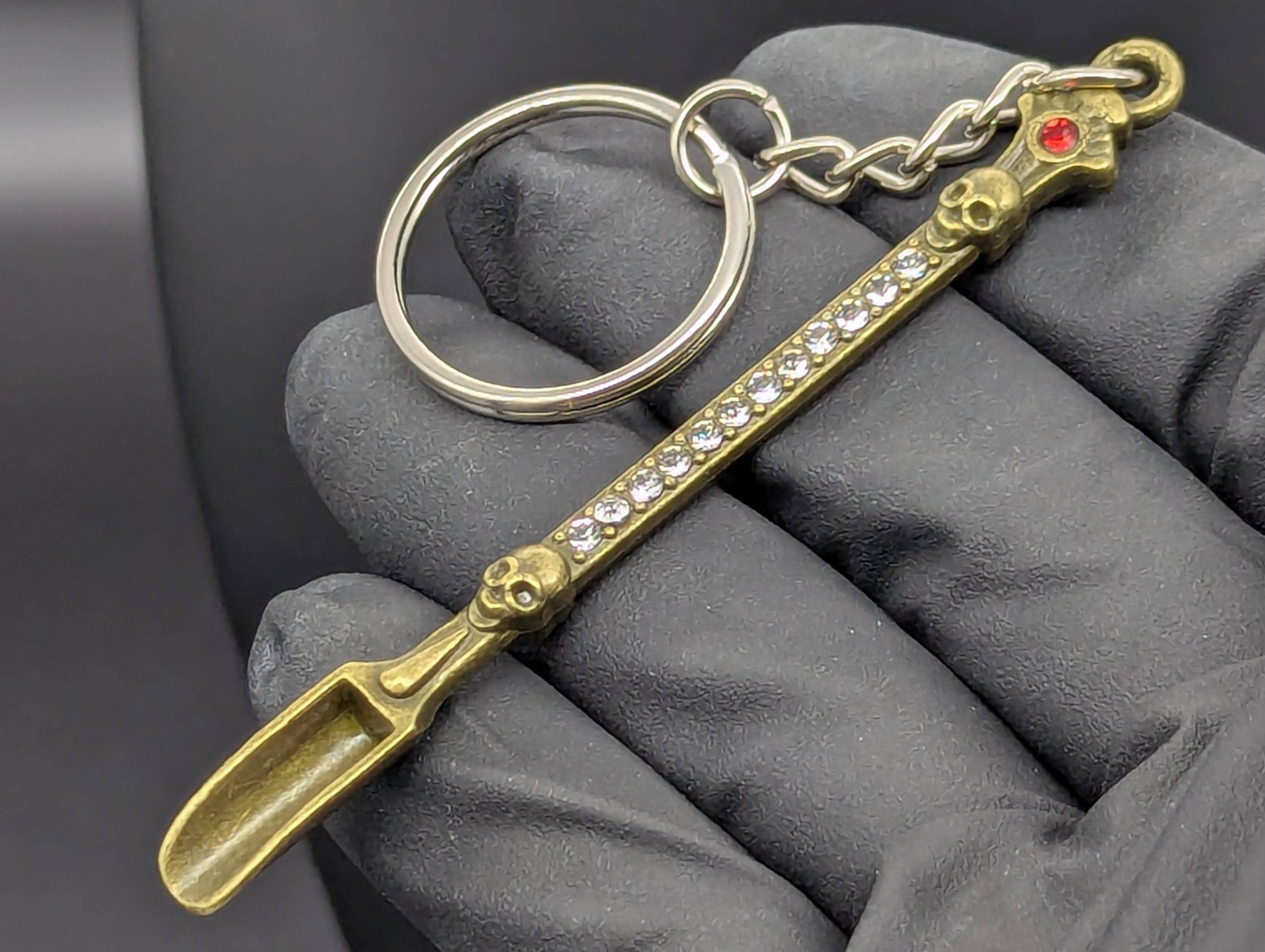 Antiqued Brass Bling Skull Magic Spell Ash Ritual Spoon Keyring