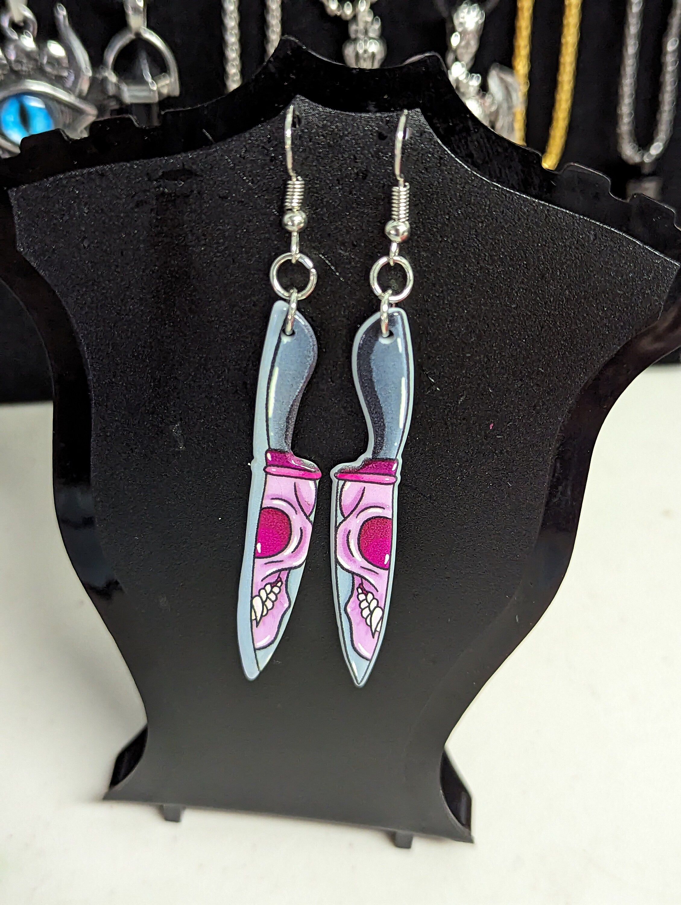 Grey On Pink Skull Butcher Style Halloween Dangling Earring Set