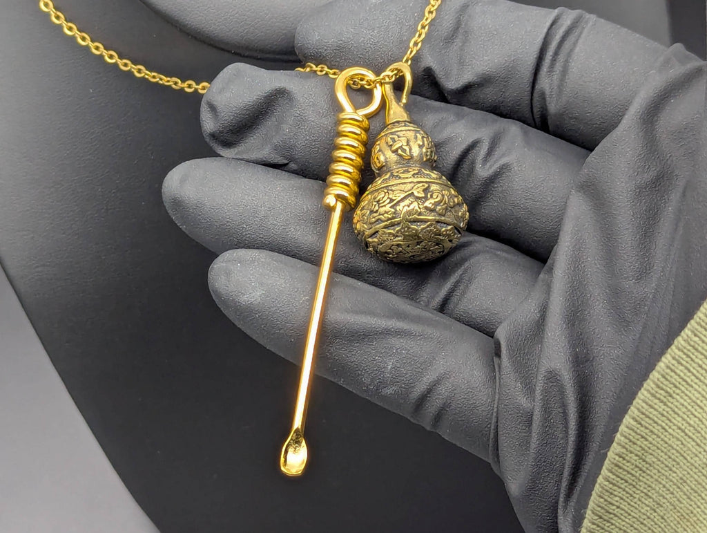 Gold Tone Spell Spoon Pendant with Brass Magic Urn - 22" Chain