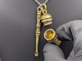 Antiqued Magic Fu Man Chu Spoon Pendant w/ 22" Stainless Steel Necklace &  Mini Brass Tibetan Ash Urn Spell Jar