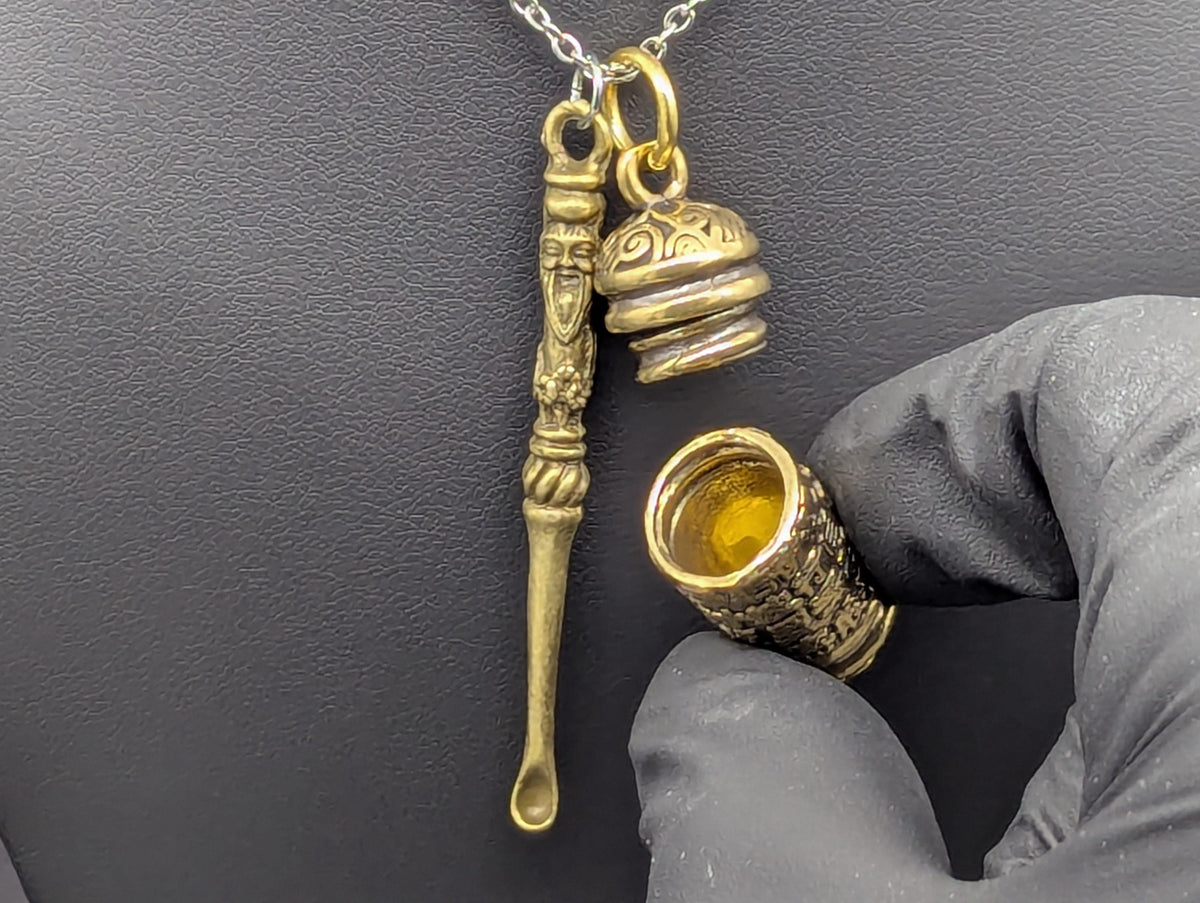 Antiqued Magic Fu Man Chu Spoon Pendant w/ 22" Stainless Steel Necklace &  Mini Brass Tibetan Ash Urn Spell Jar