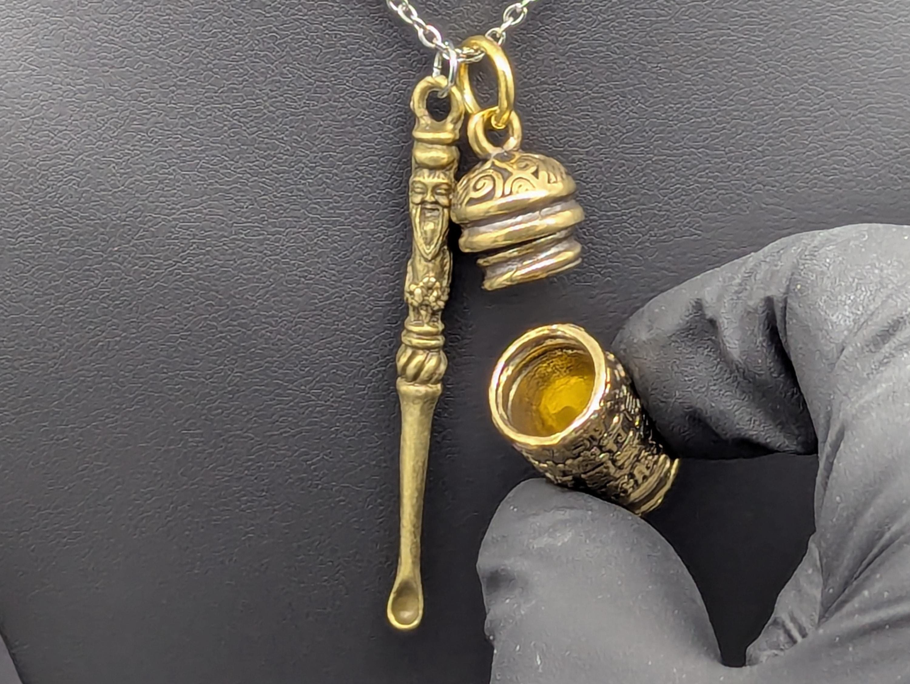 Antiqued Magic Fu Man Chu Spoon Pendant w/ 22" Stainless Steel Necklace &  Mini Brass Tibetan Ash Urn Spell Jar