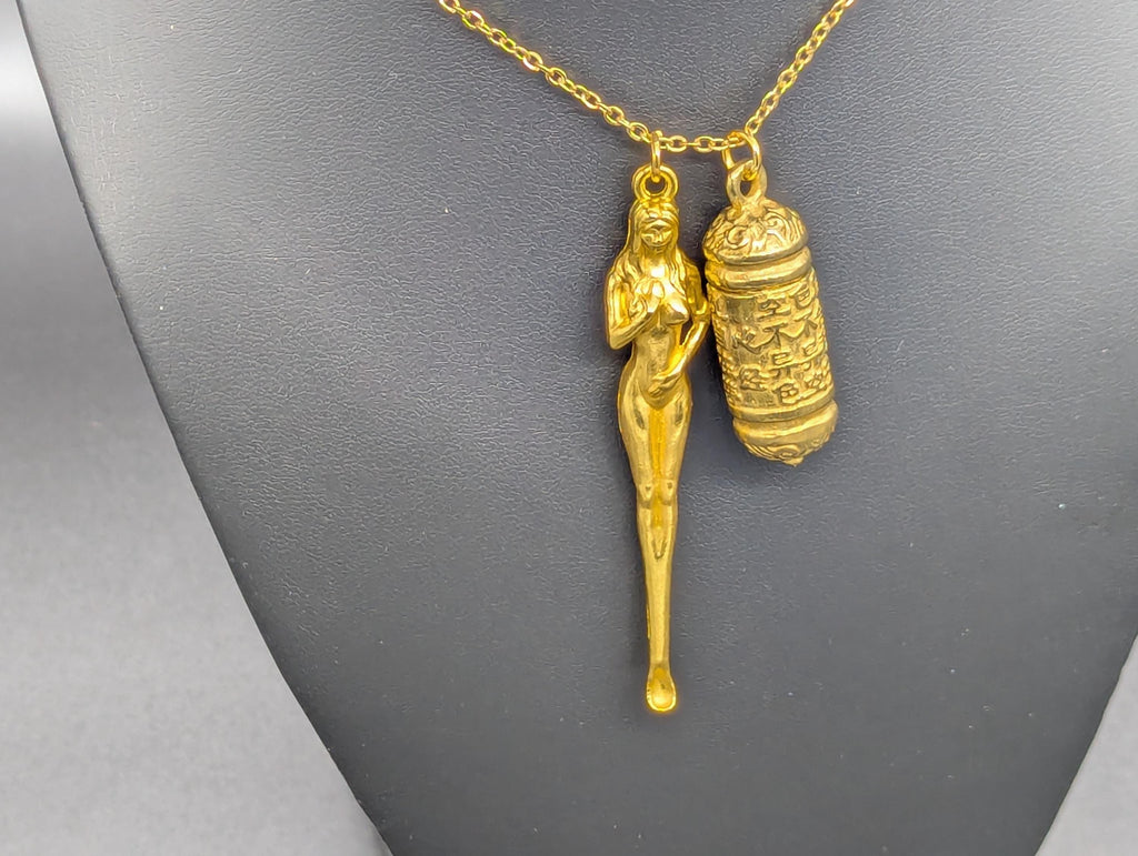 Golden Chalice Powder Spell Spoon Mother Nature Pendant w/ Matching 21" Chain & Ornate Brass Magic Ash Urn Buddha Screw Top Jar