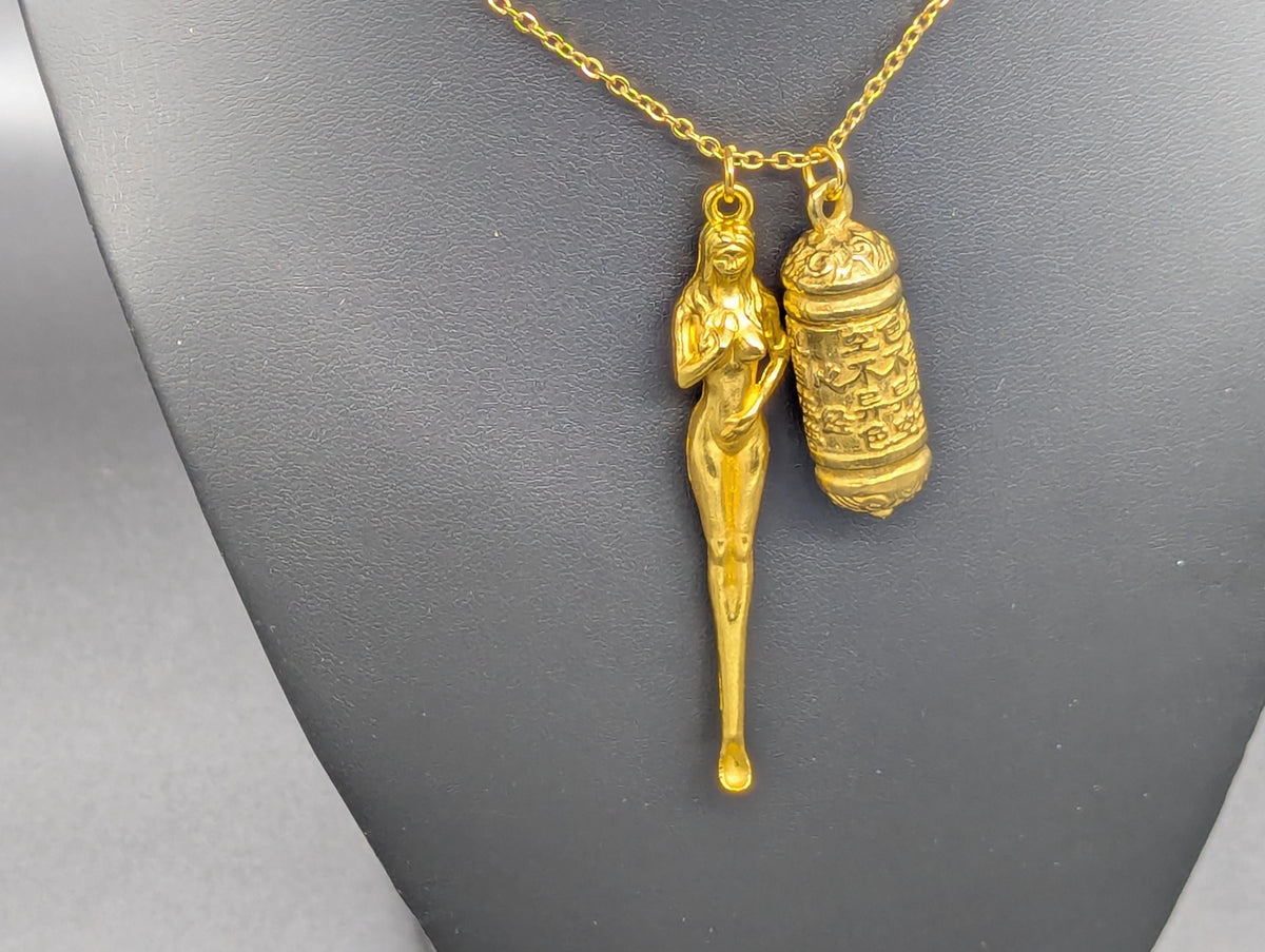 Golden Chalice Powder Spell Spoon Mother Nature Pendant w/ Matching 21" Chain & Ornate Brass Magic Ash Urn Buddha Screw Top Jar