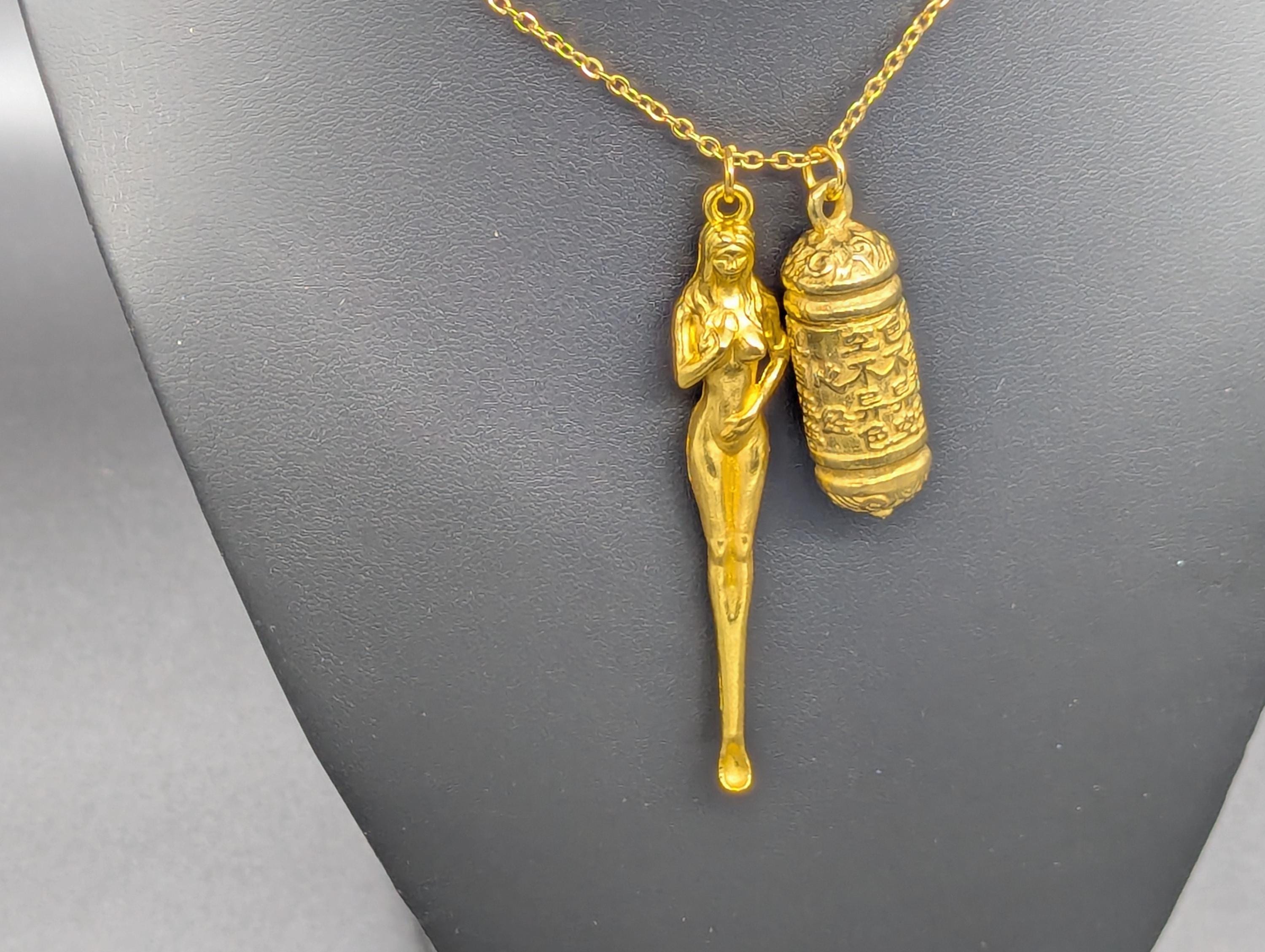 Golden Chalice Powder Spell Spoon Mother Nature Pendant w/ Matching 21" Chain & Ornate Brass Magic Ash Urn Buddha Screw Top Jar