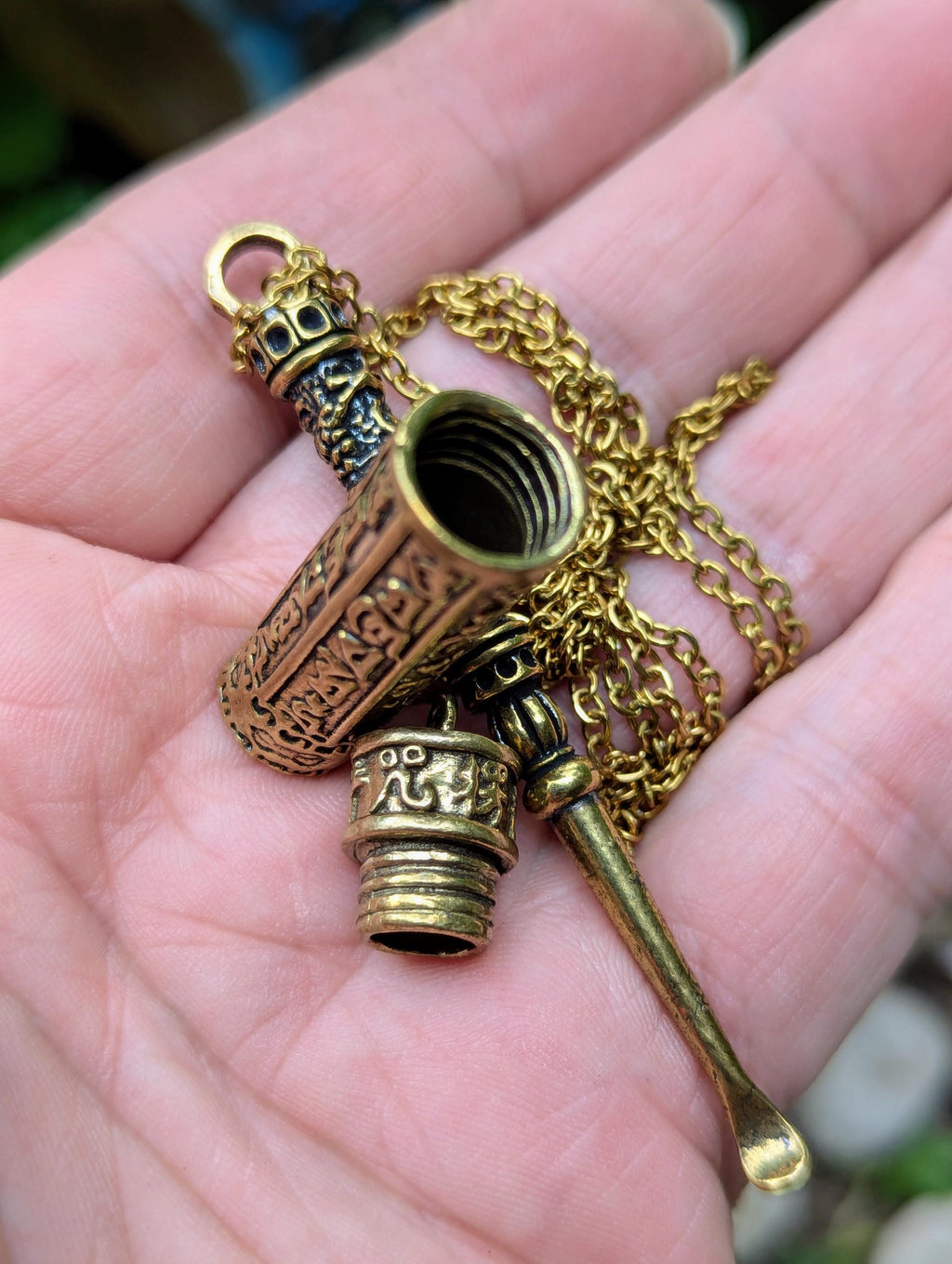 Antiqued Year Of The Dragon Spoon Pendant w/ 22" Gold Toned Chain & Mini Urn Screw Top Jar