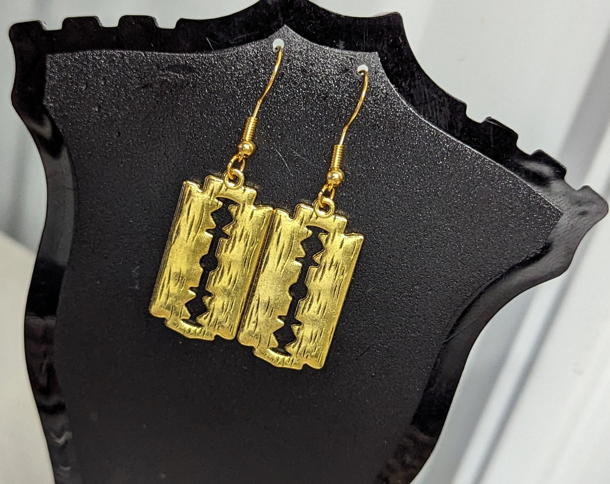High Stainless Faux Razor Blade Dangling Hook Earrings Gold