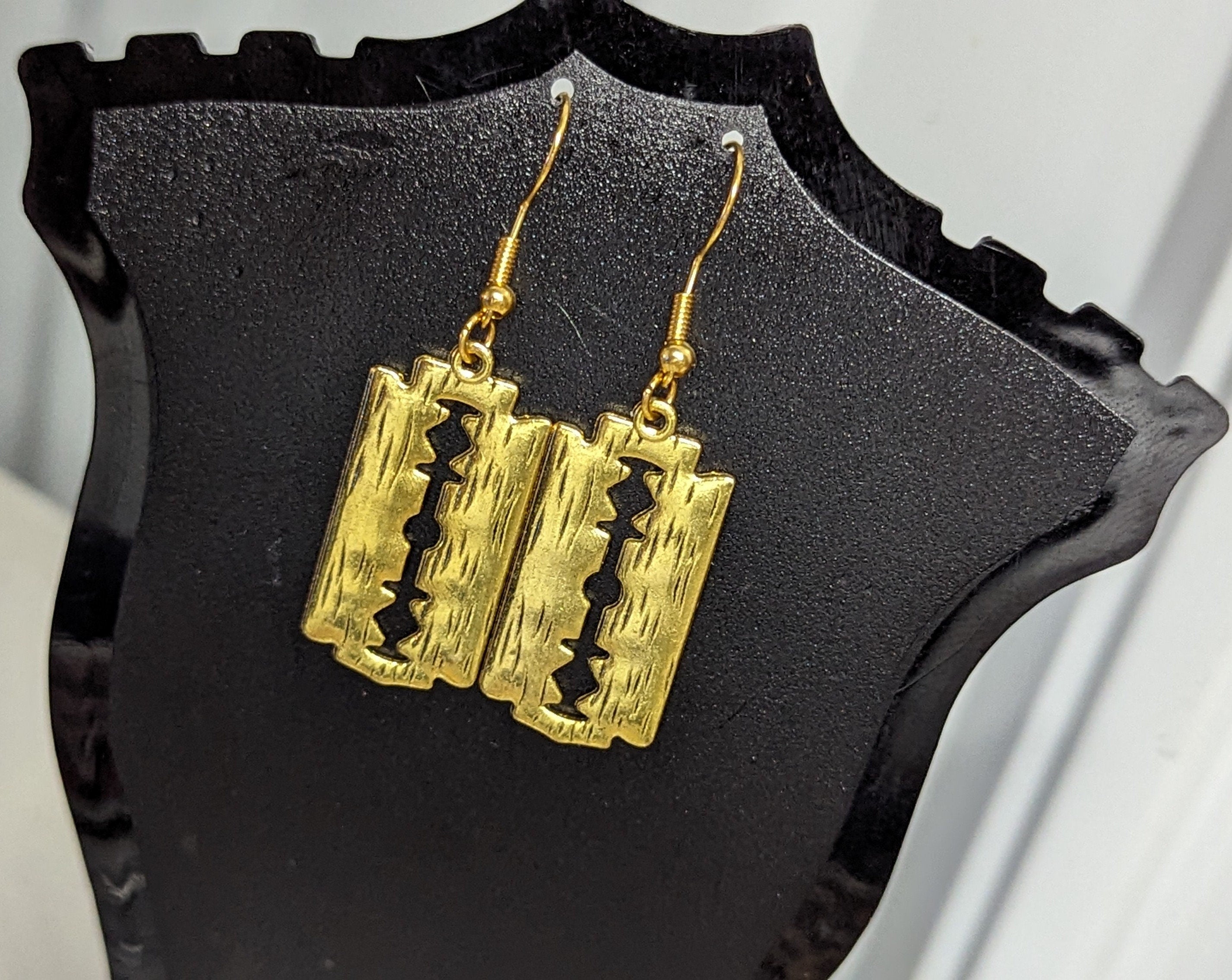 High Stainless Faux Razor Blade Dangling Hook Earrings Gold