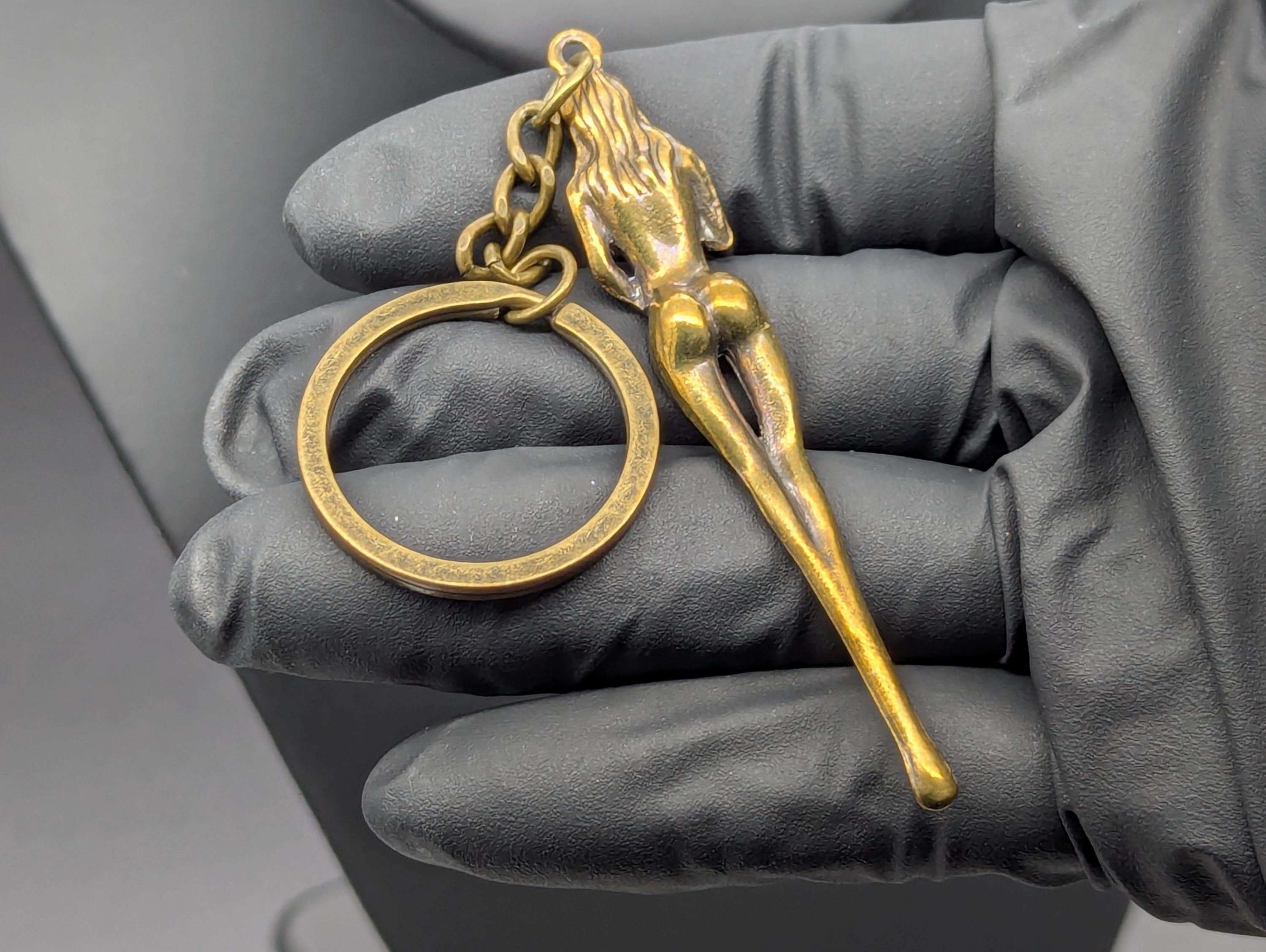 Antiqued Brass Retro Burlesque Risque Nudie Girl Spoon Keyring