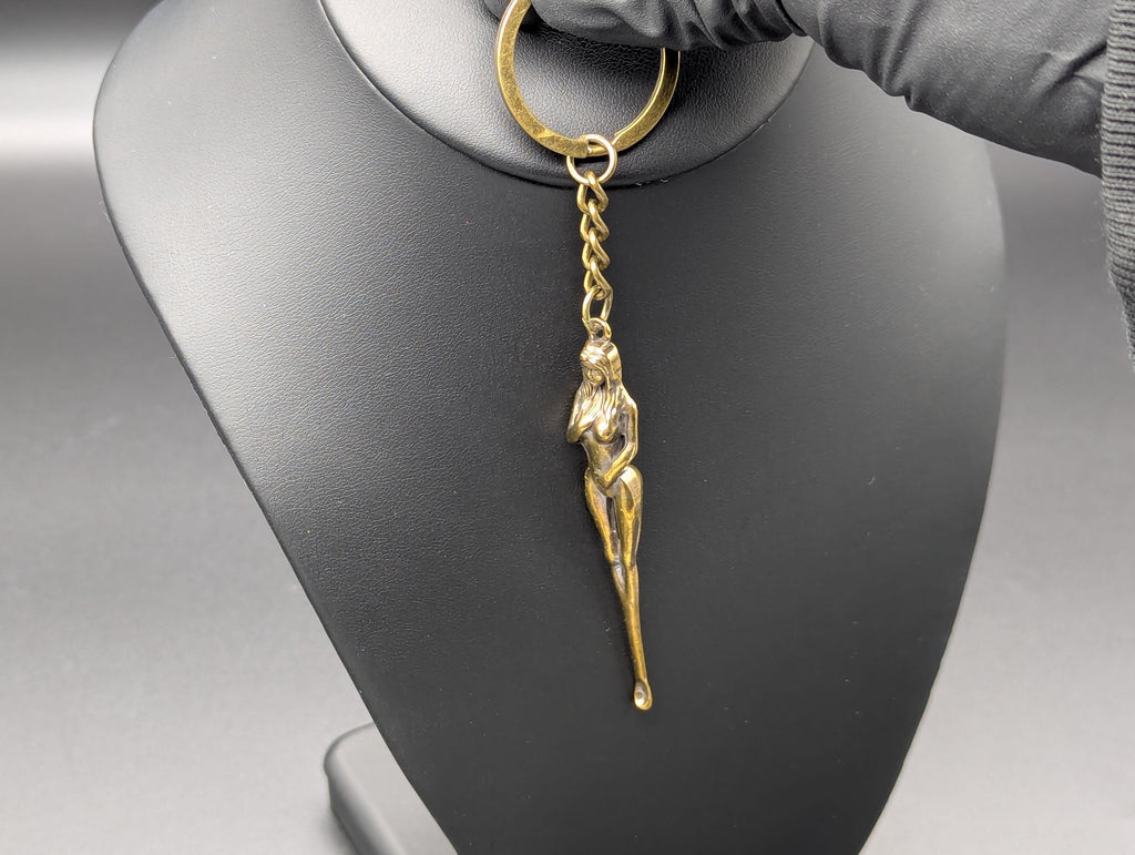 Antiqued Brass Retro Burlesque Risque Nudie Girl Spoon Keyring