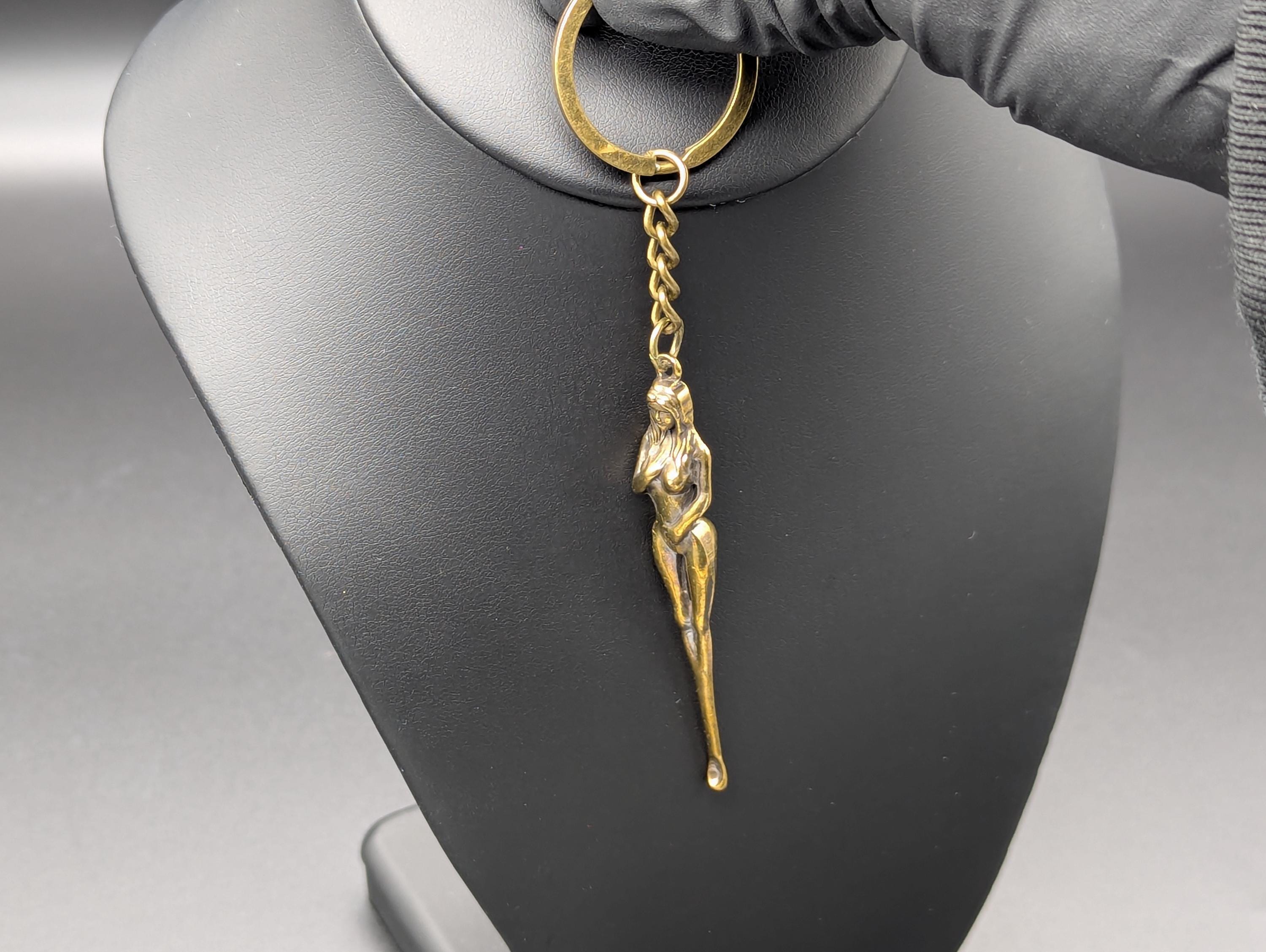 Antiqued Brass Retro Burlesque Risque Nudie Girl Spoon Keyring