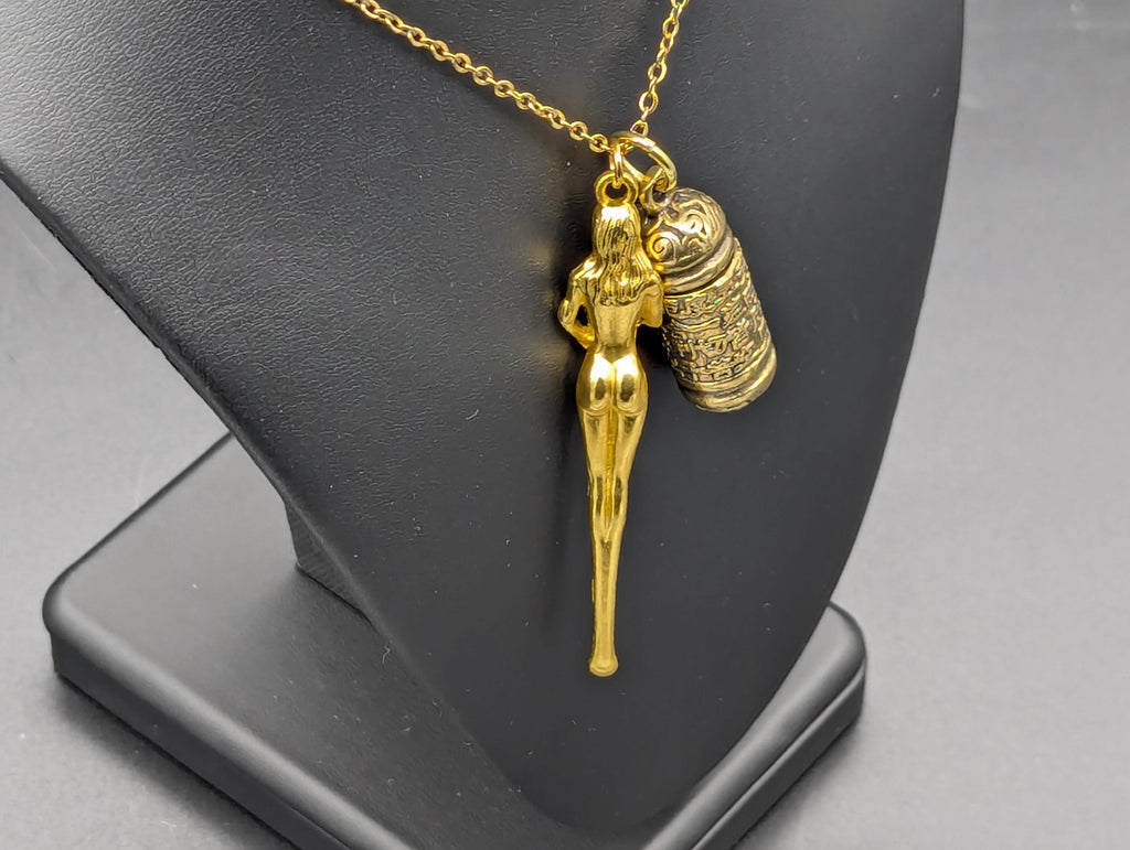 Gold Toned Powder Spell Spoon Mother Nature Pendant w/ Matching 22" Chain & Ornate Brass Magic Urn Screw Top Jar