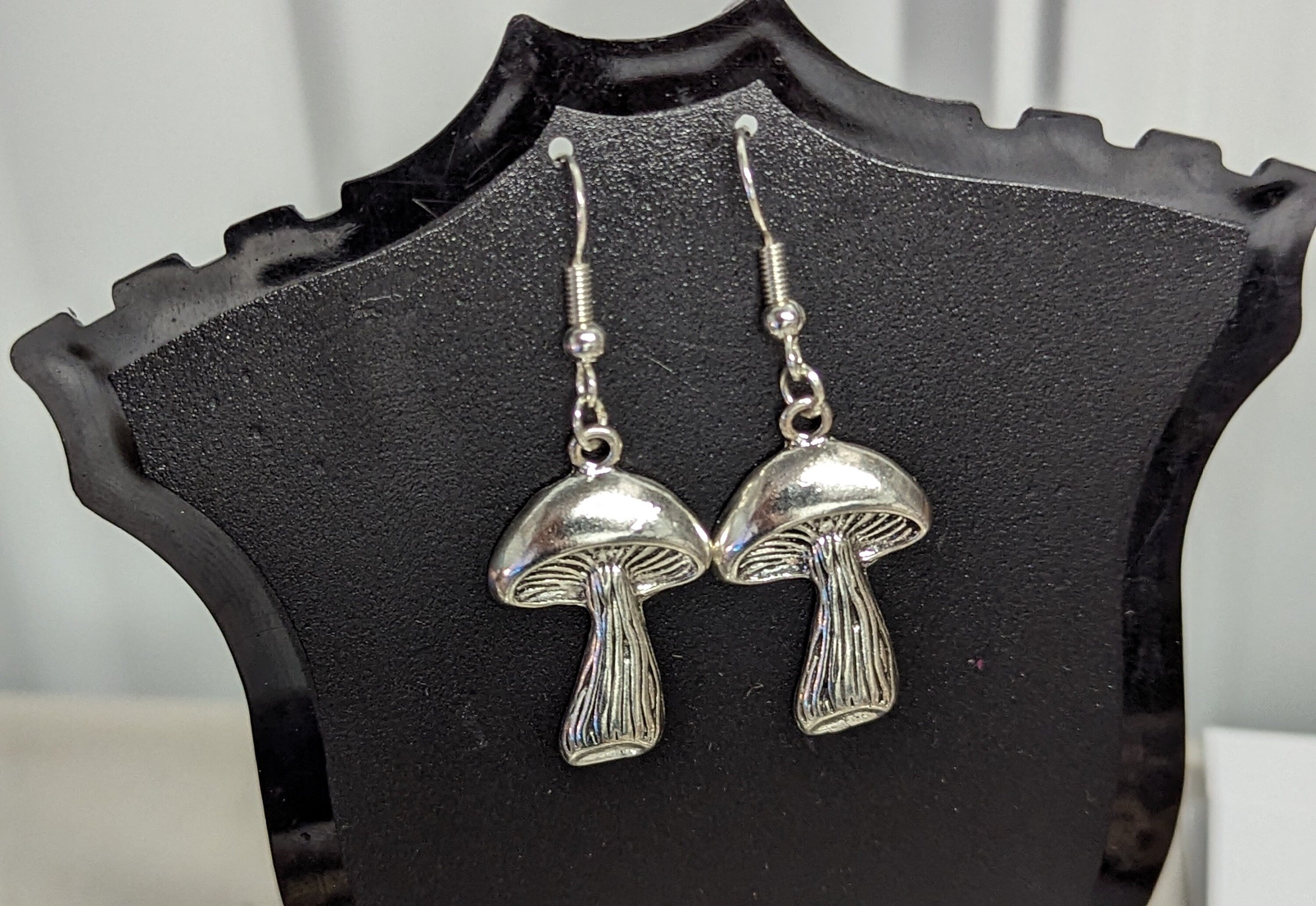 Mushroom Silver Finish Dangling Hook Earrings