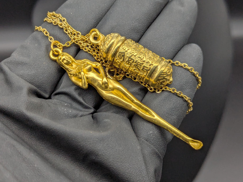 Golden Chalice Powder Spell Spoon Mother Nature Pendant w/ Matching 21" Chain & Ornate Brass Magic Ash Urn Buddha Screw Top Jar