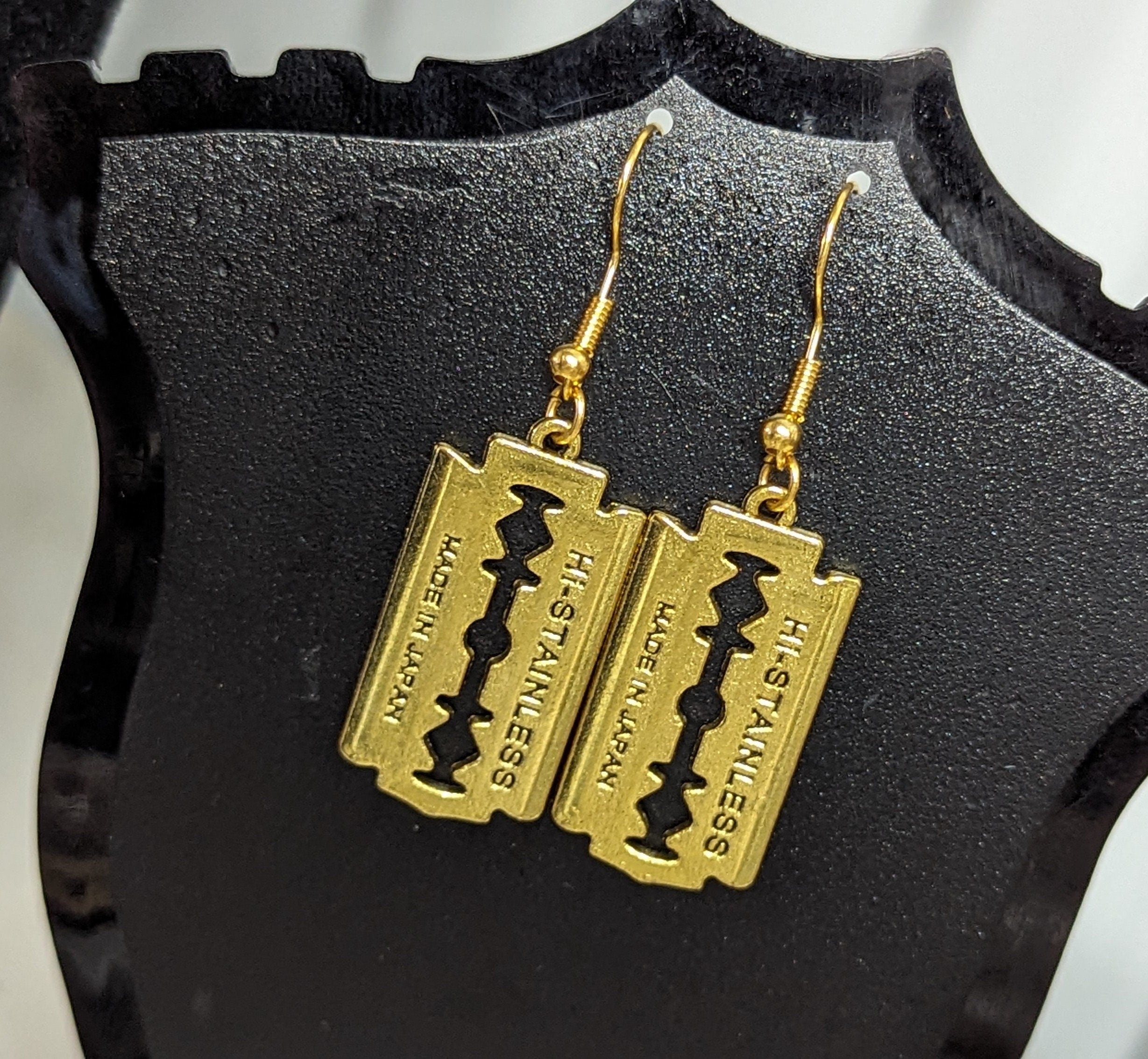 High Stainless Faux Razor Blade Dangling Hook Earrings Gold