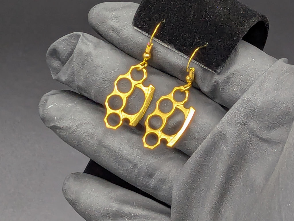 Brass Knuckle Dusters Style Gold Finish Dangling Earring Set