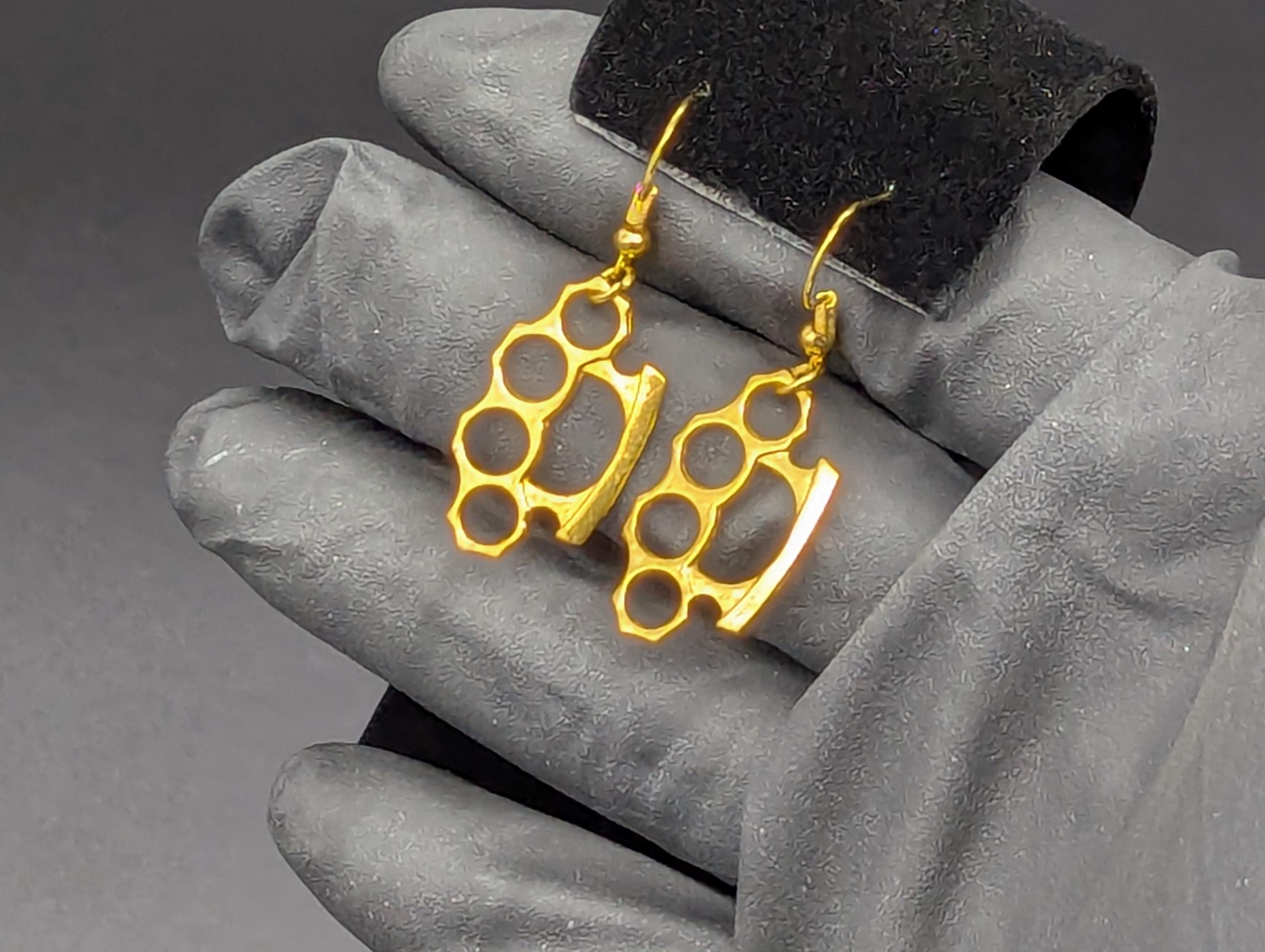 Brass Knuckle Dusters Style Gold Finish Dangling Earring Set