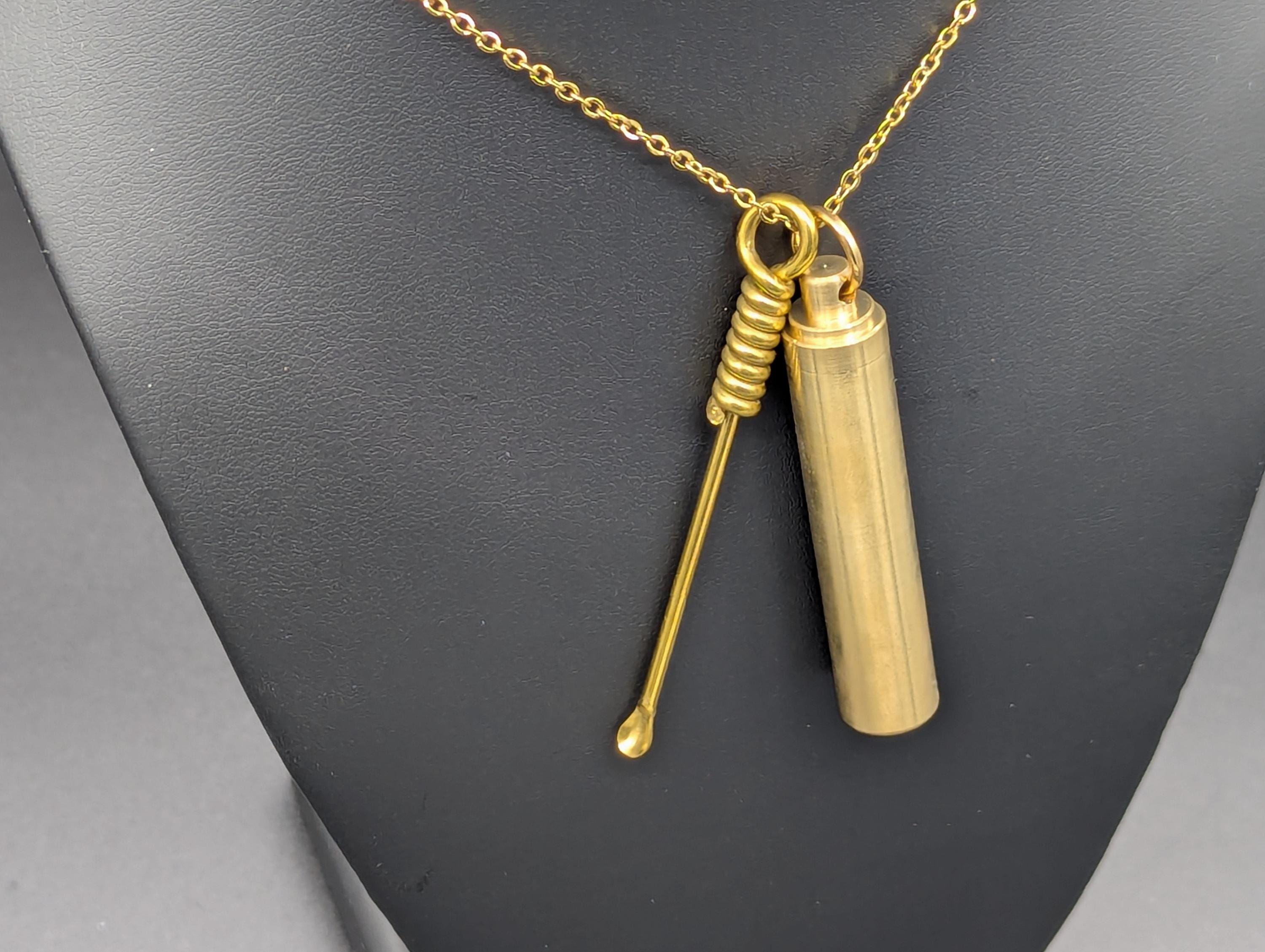 Gold Toned Spoon Pendant w/ Matching 22" Chain & Large Brass Jar