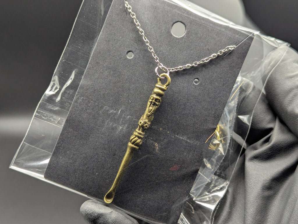 Antiqued Magic Fu Man Chu Spoon Pendant w/ 22" Stainless Steel Necklace &  Mini Brass Tibetan Ash Urn Spell Jar