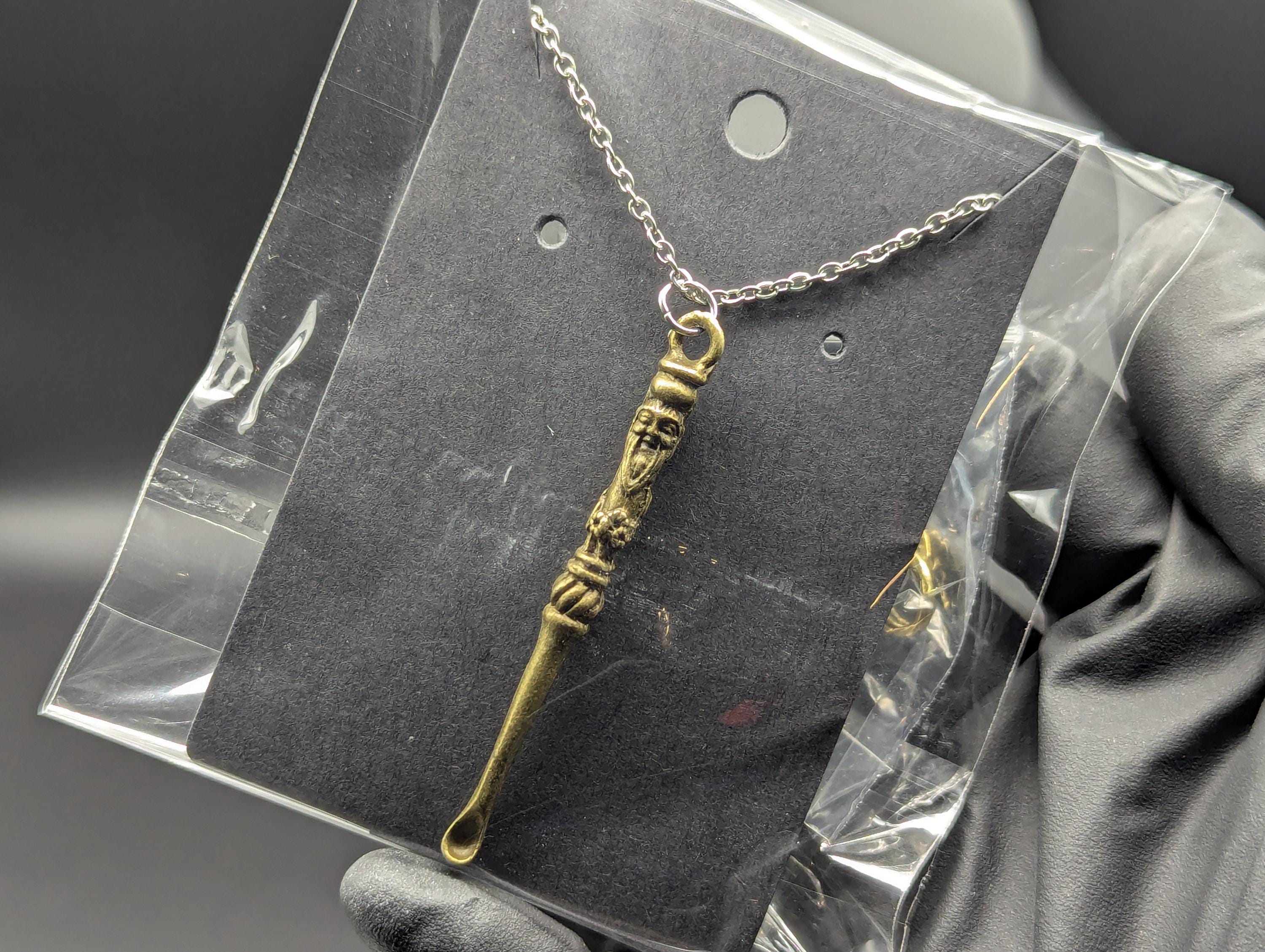 Antiqued Magic Fu Man Chu Spoon Pendant w/ 22" Stainless Steel Necklace &  Mini Brass Tibetan Ash Urn Spell Jar