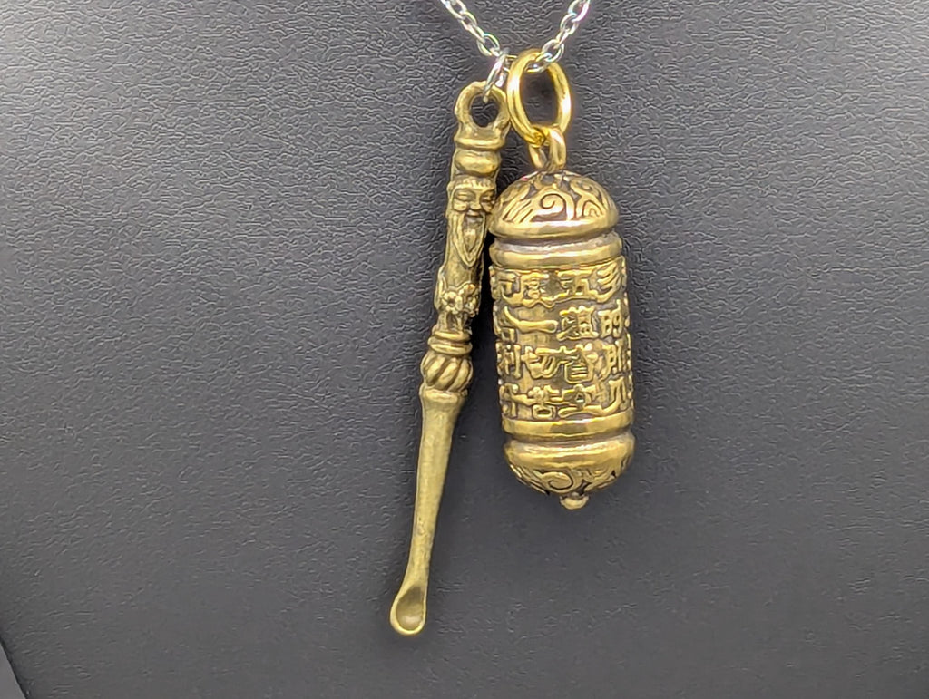 Antiqued Magic Fu Man Chu Spoon Pendant w/ 22" Stainless Steel Necklace &  Mini Brass Tibetan Ash Urn Spell Jar