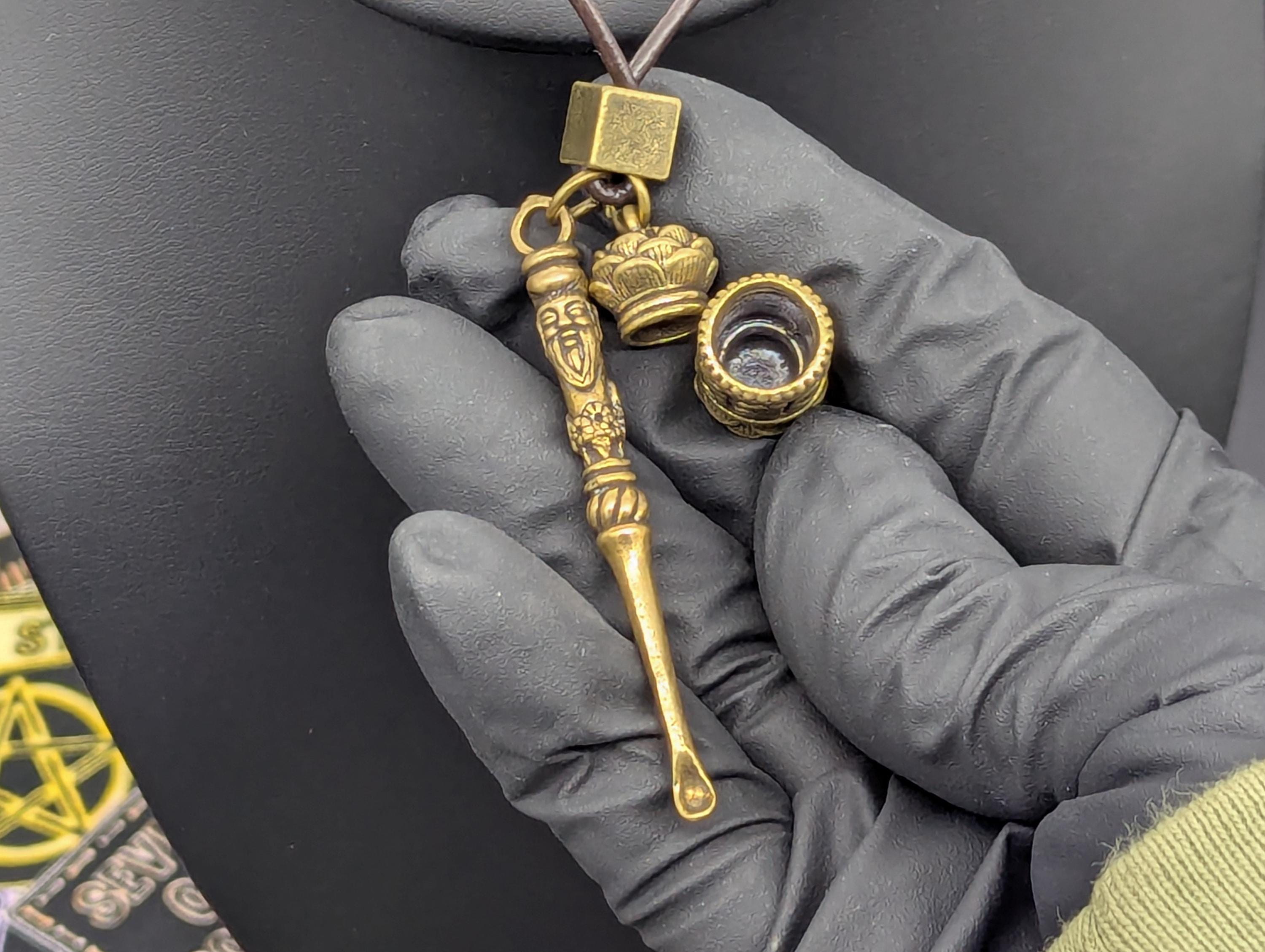 Brown Leather Cord Necklace: Brass Jar & Mini Spoon - Fu Man Chu Style