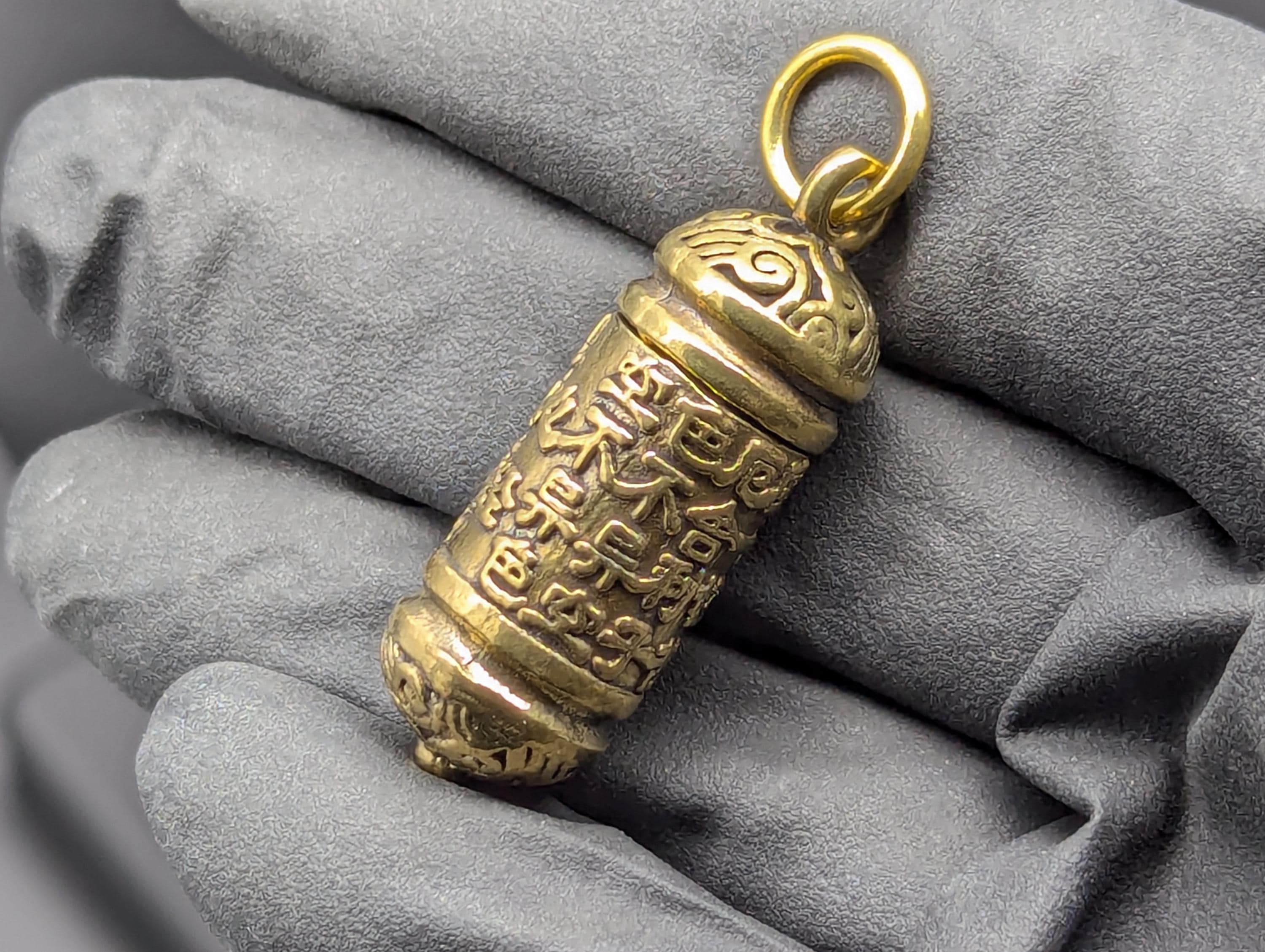 Gold Toned Powder Spell Spoon Mother Nature Pendant w/ Matching 22" Chain & Ornate Brass Magic Urn Screw Top Jar