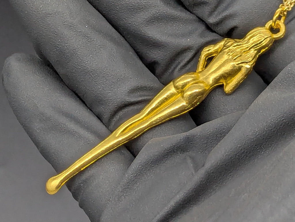 22" Gold Tone Retro Burlesque Risque Nudie Girl Spoon w/ Steel Link EDC Necklace
