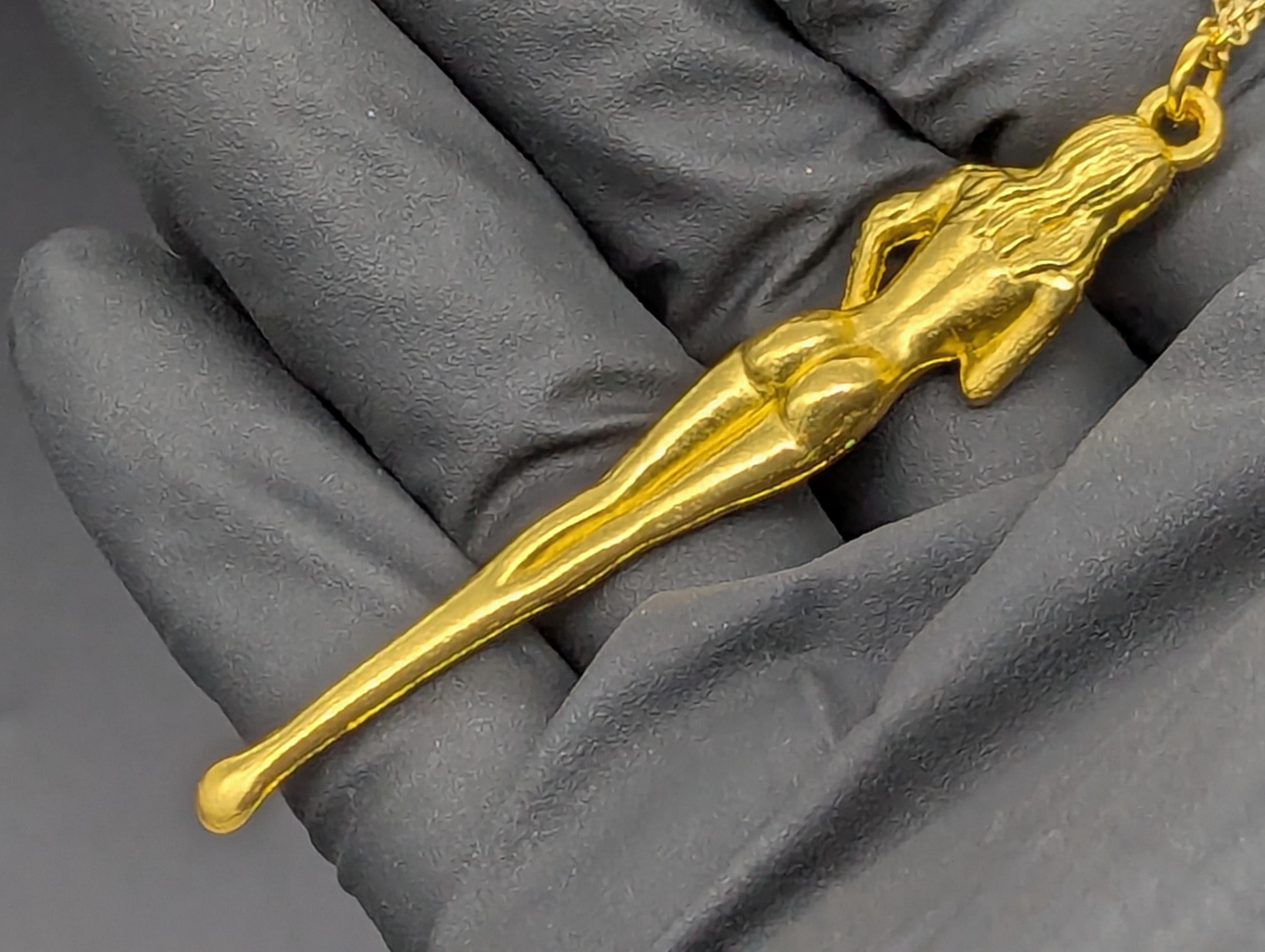 22" Gold Tone Retro Burlesque Risque Nudie Girl Spoon w/ Steel Link EDC Necklace