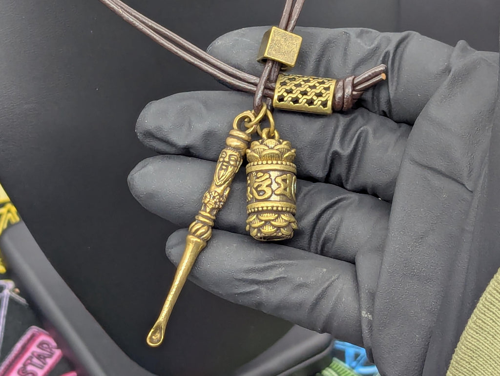 Brown Leather Cord Necklace: Brass Jar & Mini Spoon - Fu Man Chu Style
