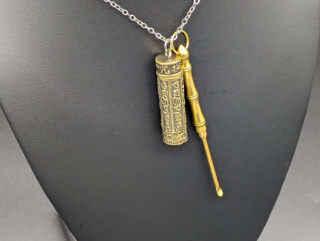 Brass Combo Pick And Mini Spoon Pendant w/ 22" Chain & Brass Jar