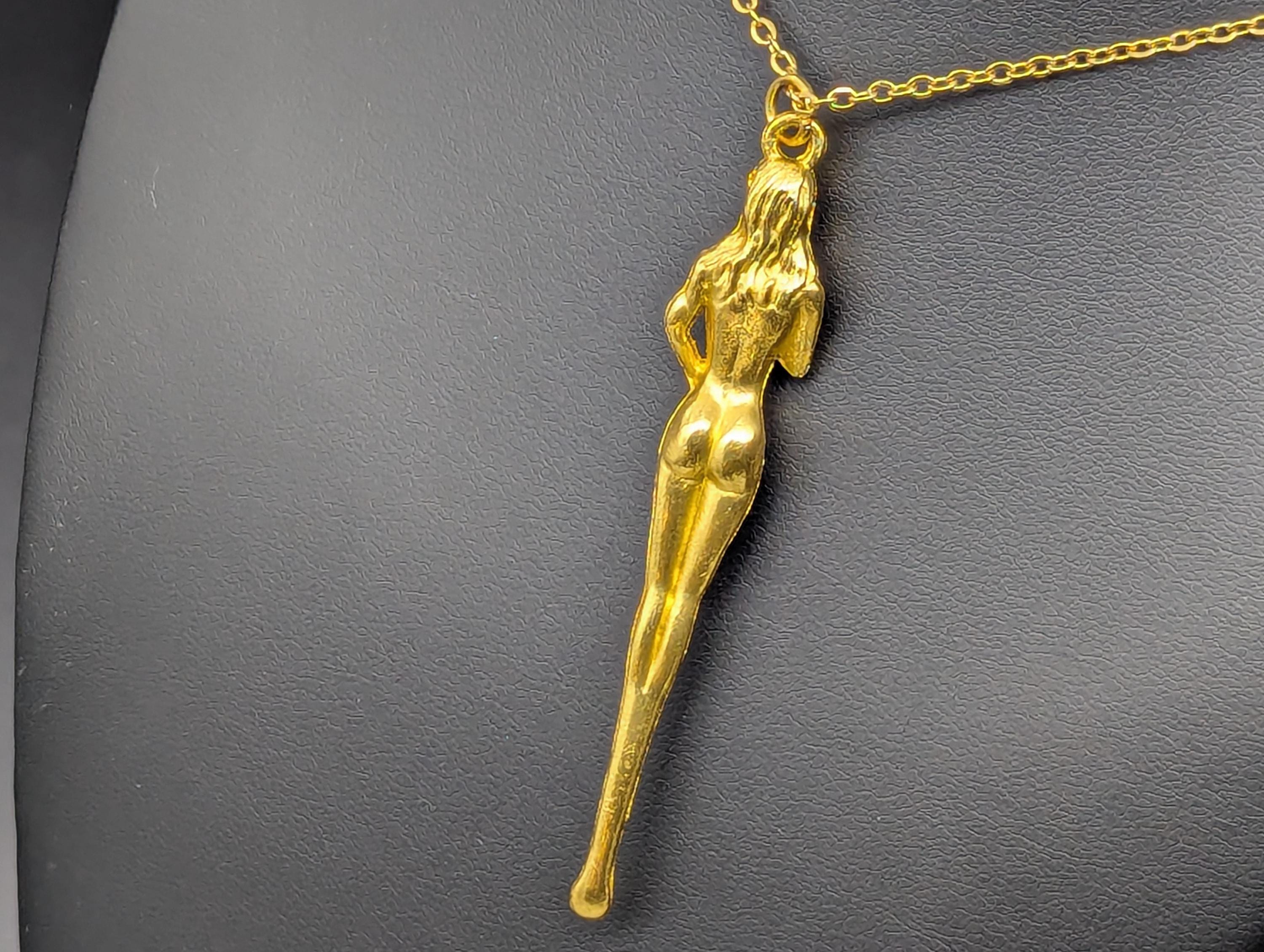 22" Gold Tone Retro Burlesque Risque Nudie Girl Spoon w/ Steel Link EDC Necklace