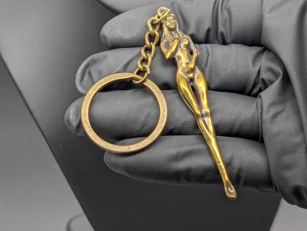 Antiqued Brass Retro Burlesque Risque Nudie Girl Spoon Keyring