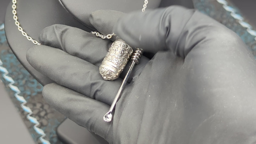 Chromed Toned Mini Spoon Pendant w/ Matching 24" Chain & Ornate Magic Amulet Jar