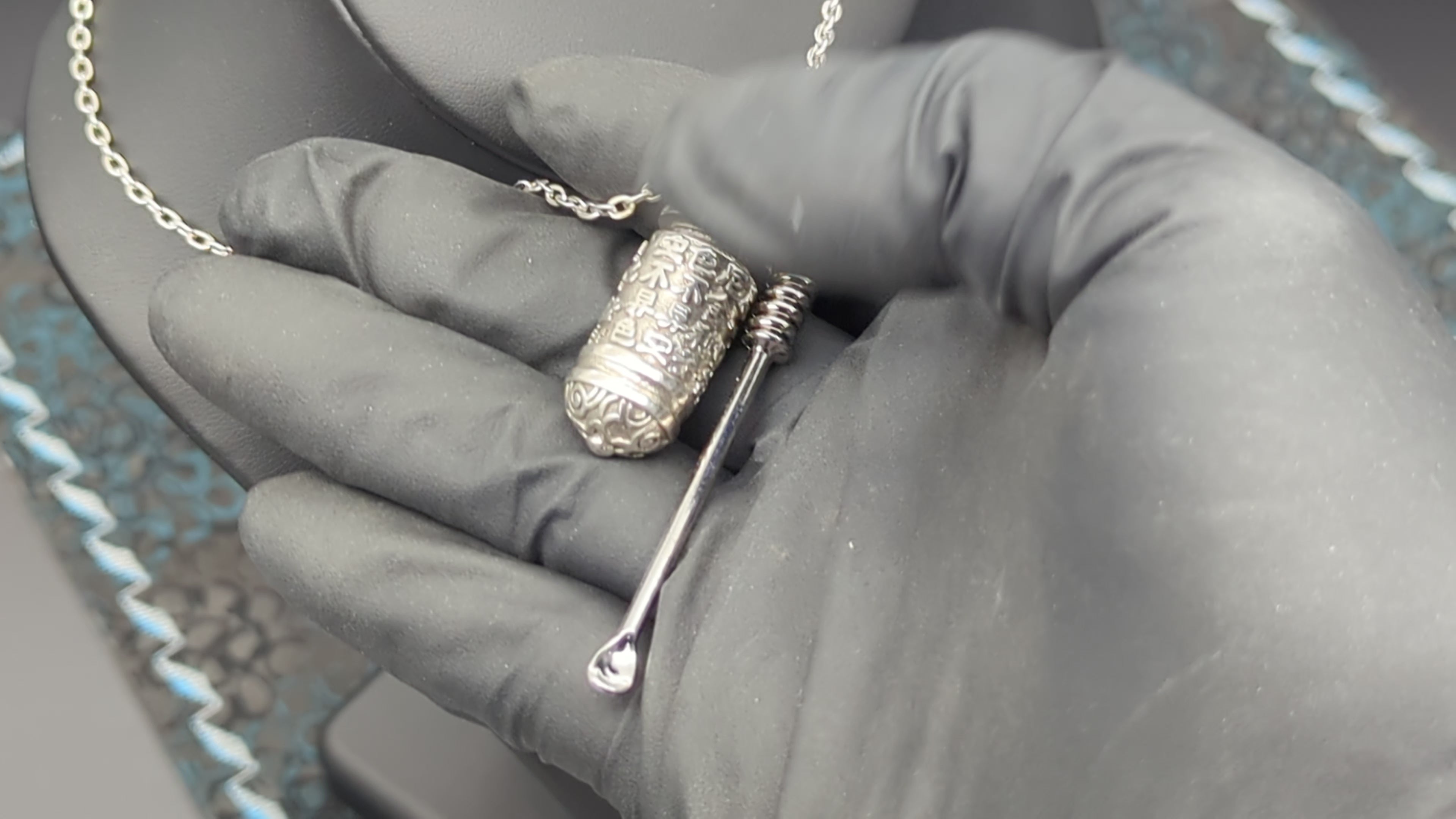 Chromed Toned Mini Spoon Pendant w/ Matching 24" Chain & Ornate Magic Amulet Jar
