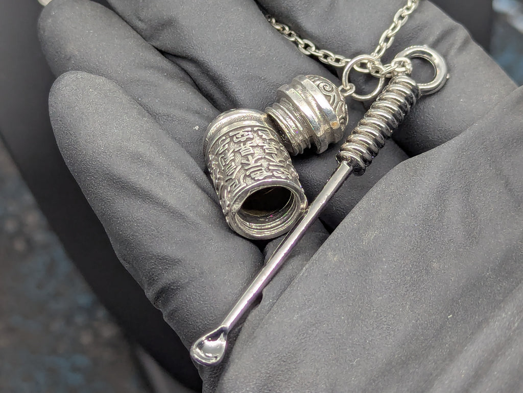 Chromed Toned Mini Spoon Pendant w/ Matching 24" Chain & Ornate Magic Amulet Jar
