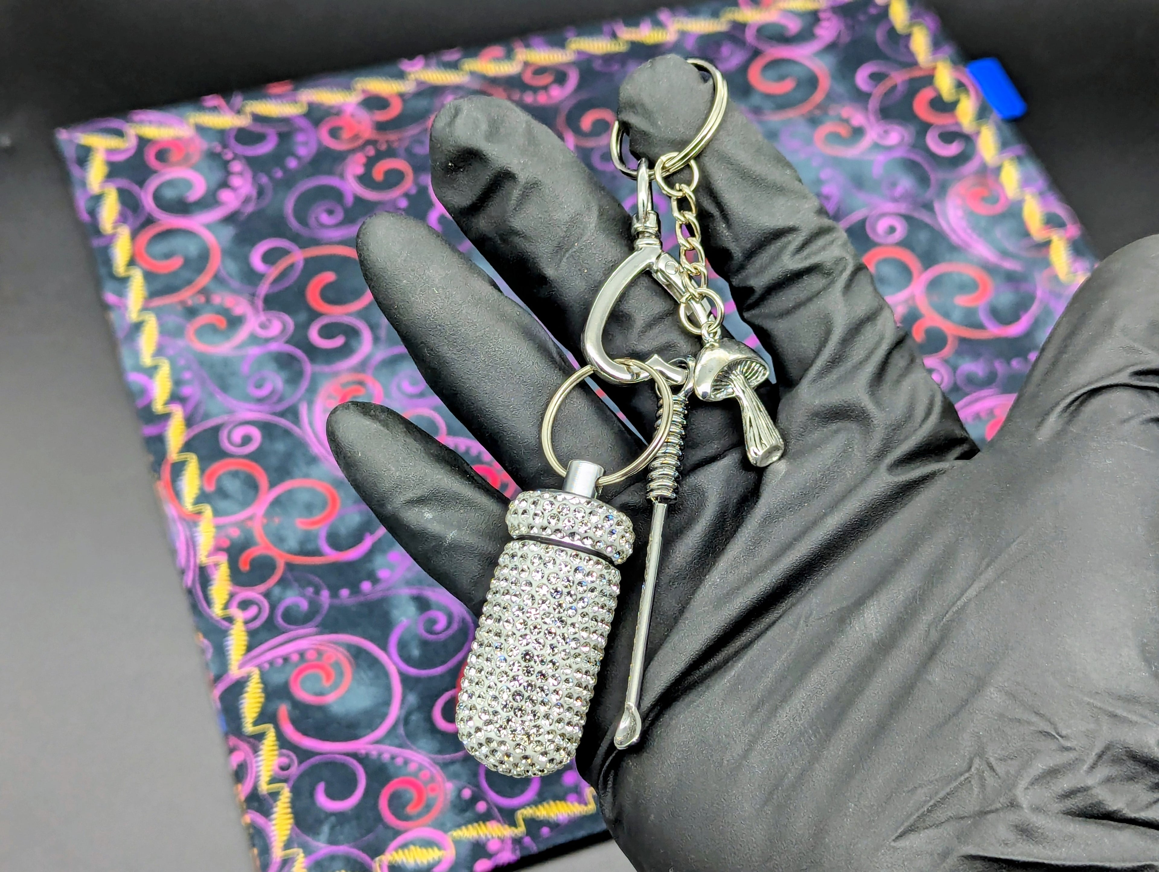 BLING EDC RAVE SCREW TOP CASE w/ MINI SPOON & CHARM KEYRING "WT"