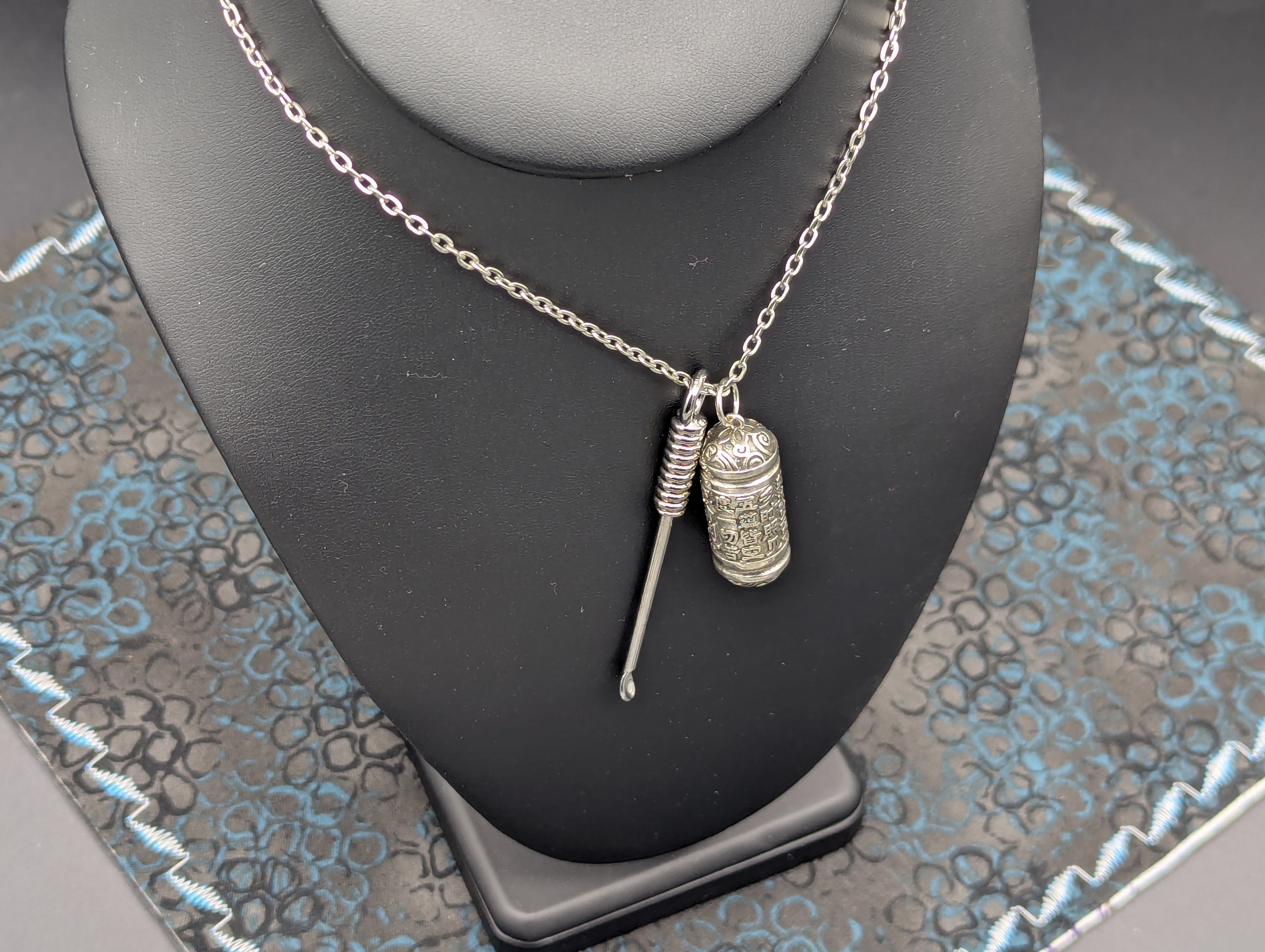 Chromed Toned Mini Spoon Pendant w/ Matching 24" Chain & Ornate Magic Amulet Jar
