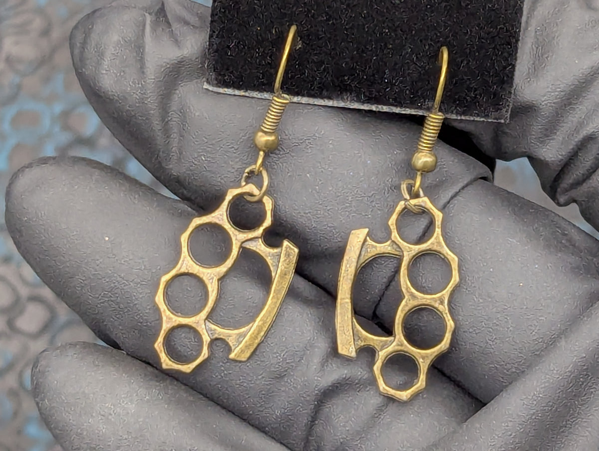 Brass Knuckle Dusters Style Antiqued Finish Dangling Earring Set