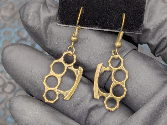 Brass Knuckle Dusters Style Antiqued Finish Dangling Earring Set