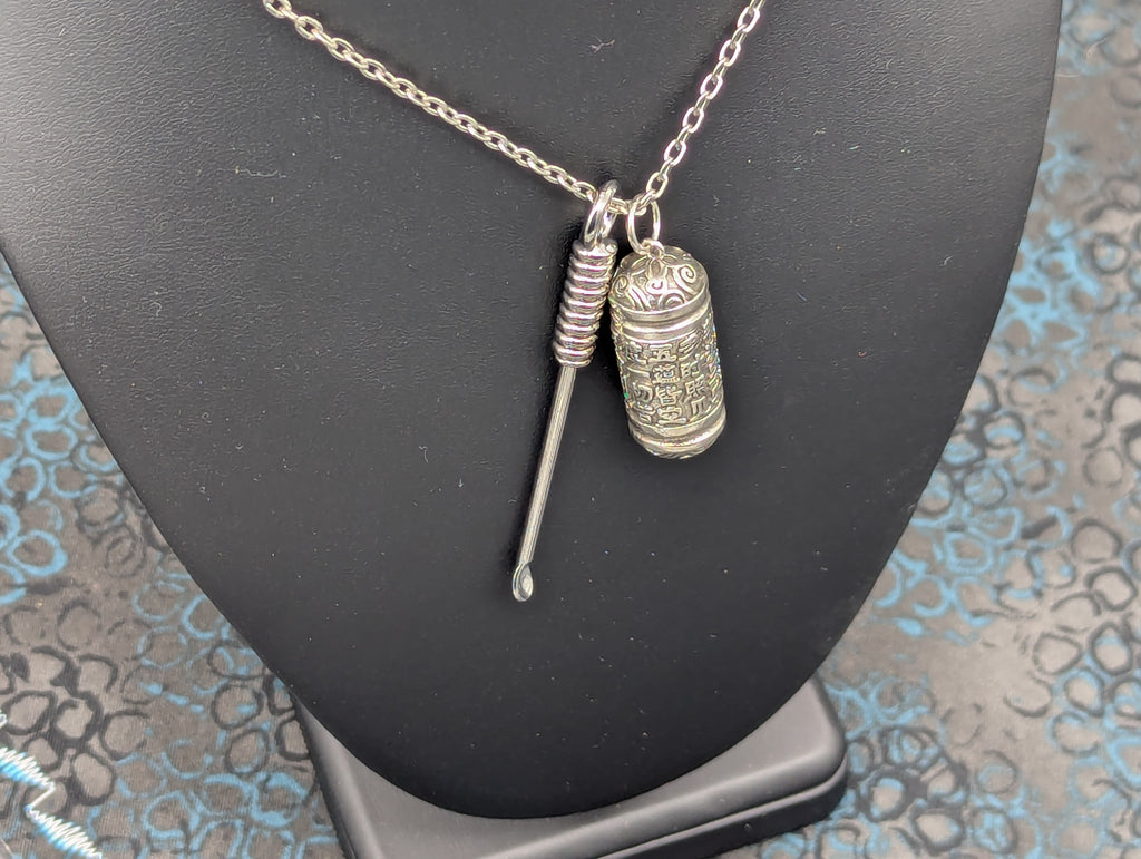 Chromed Toned Mini Spoon Pendant w/ Matching 24" Chain & Ornate Magic Amulet Jar