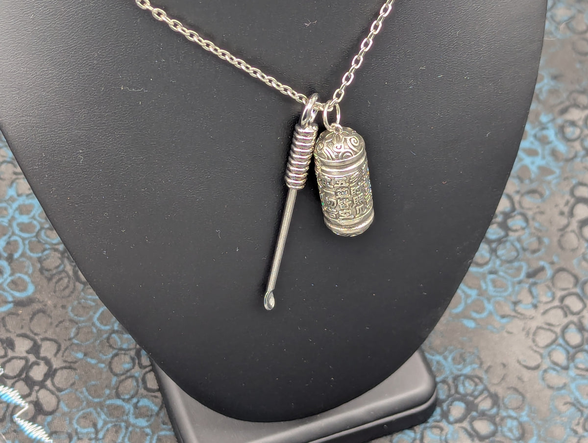 Chromed Toned Mini Spoon Pendant w/ Matching 24" Chain & Ornate Magic Amulet Jar