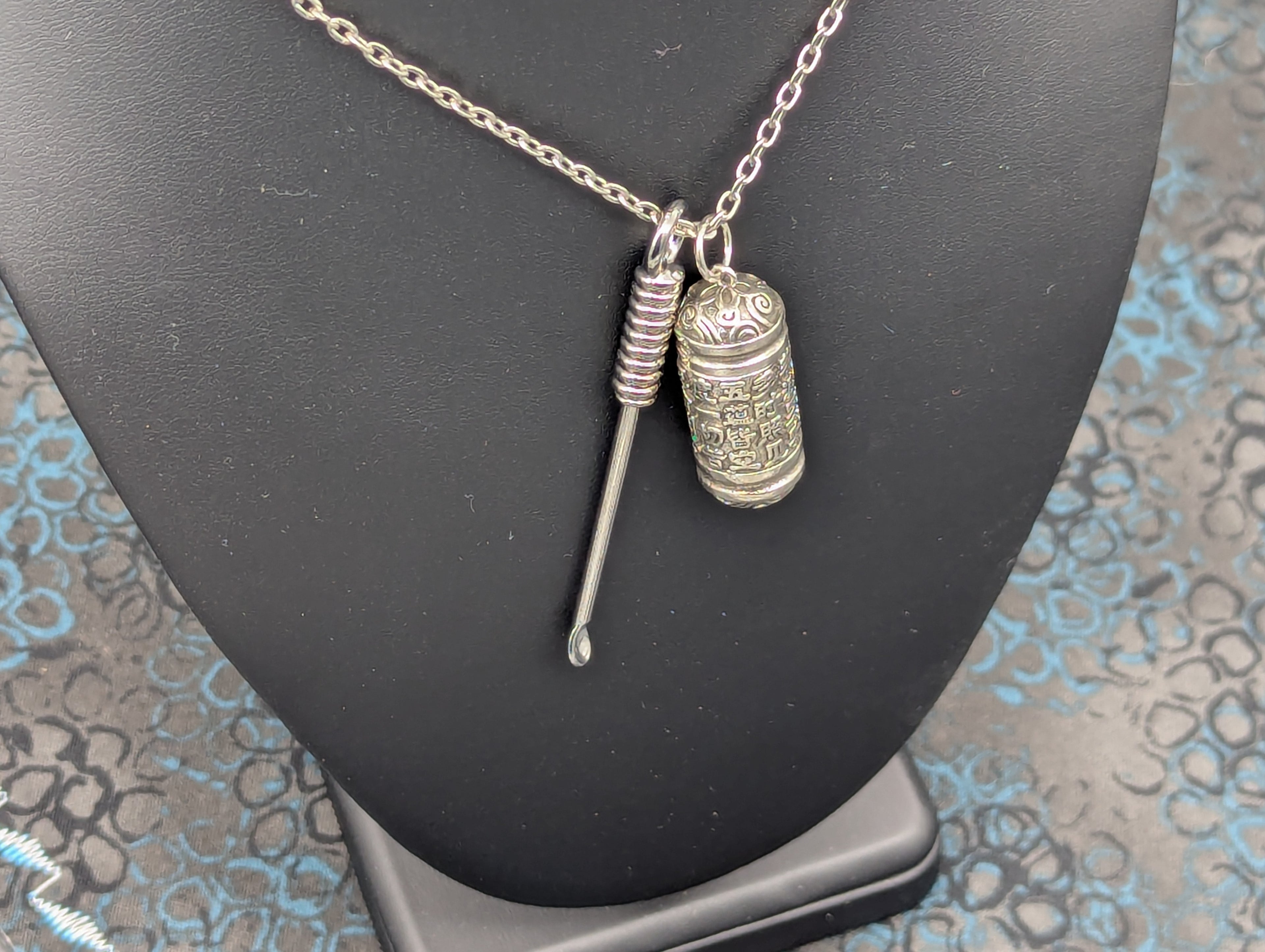 Chromed Toned Mini Spoon Pendant w/ Matching 24" Chain & Ornate Magic Amulet Jar