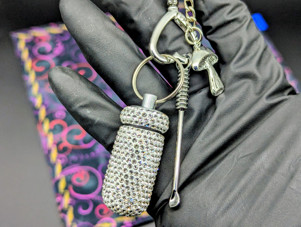 BLING EDC RAVE SCREW TOP CASE w/ MINI SPOON & CHARM KEYRING "WT"
