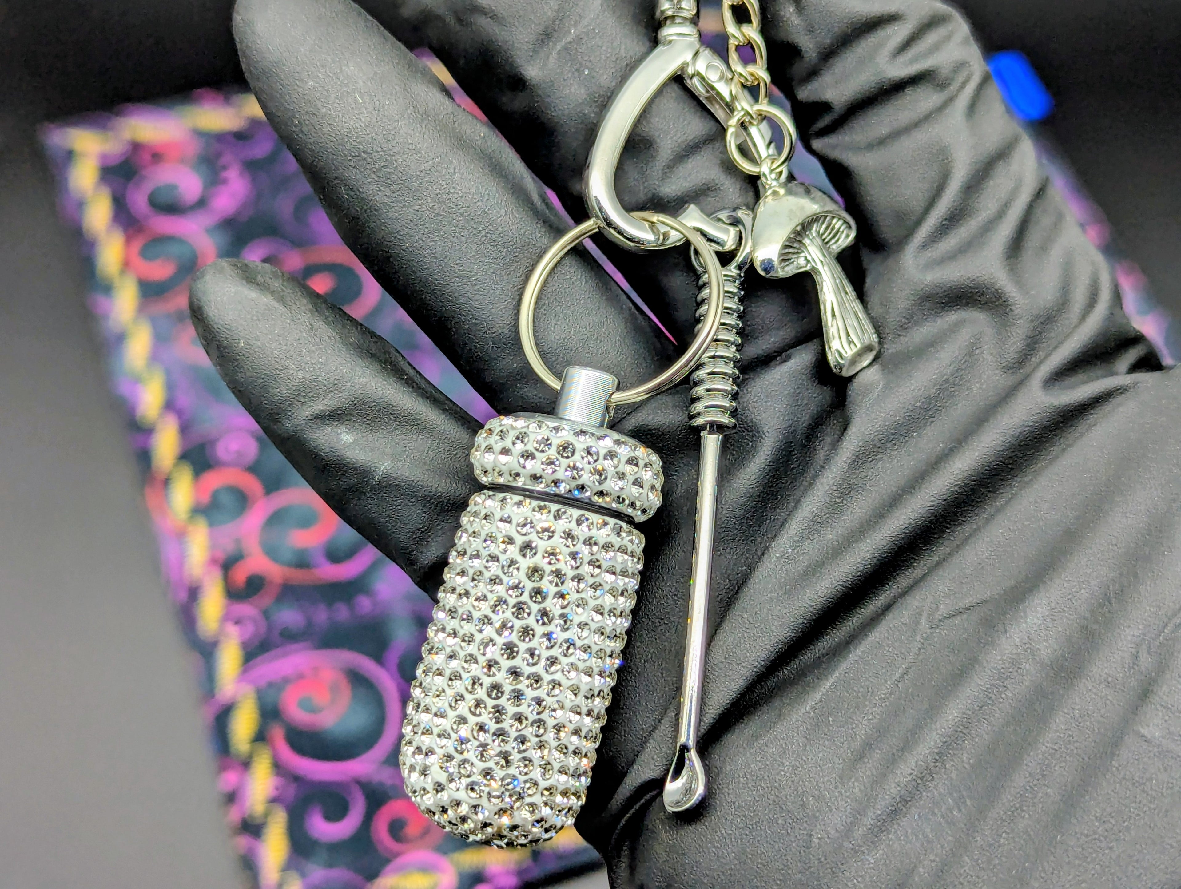BLING EDC RAVE SCREW TOP CASE w/ MINI SPOON & CHARM KEYRING "WT"