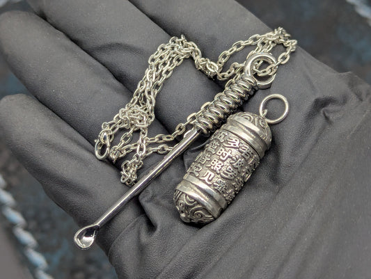 Chromed Toned Mini Spoon Pendant w/ Matching 24" Chain & Ornate Magic Amulet Jar
