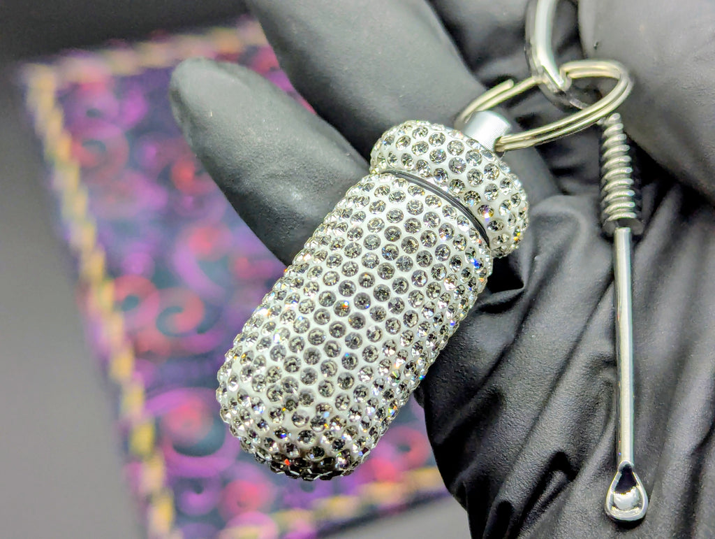 BLING EDC RAVE SCREW TOP CASE w/ MINI SPOON & CHARM KEYRING "WT"
