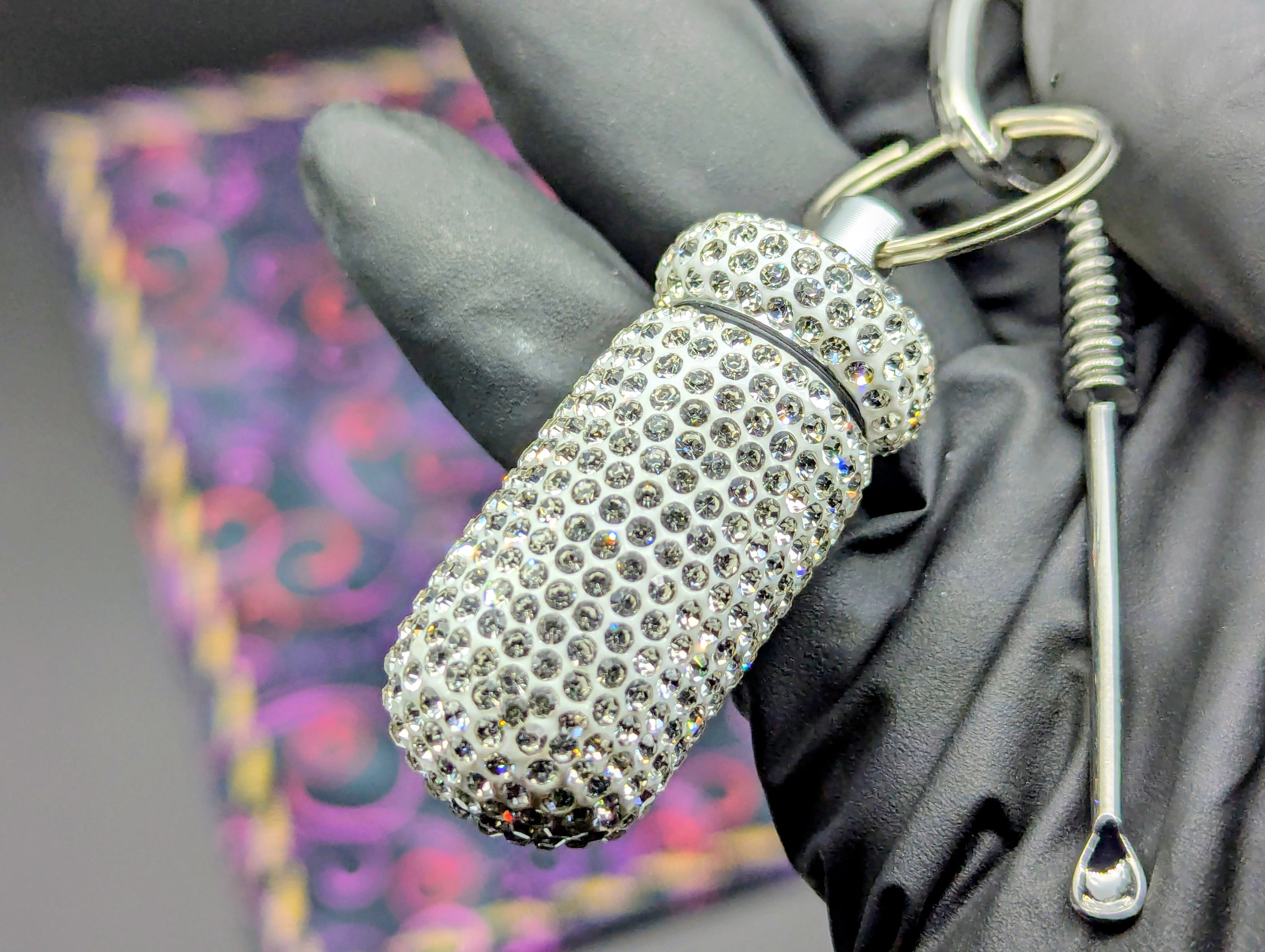 BLING EDC RAVE SCREW TOP CASE w/ MINI SPOON & CHARM KEYRING "WT"